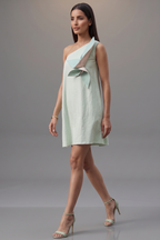 Mint Green Cotton 3D Patch A Line One Shoulder Fit-and-Flare Mini Dress