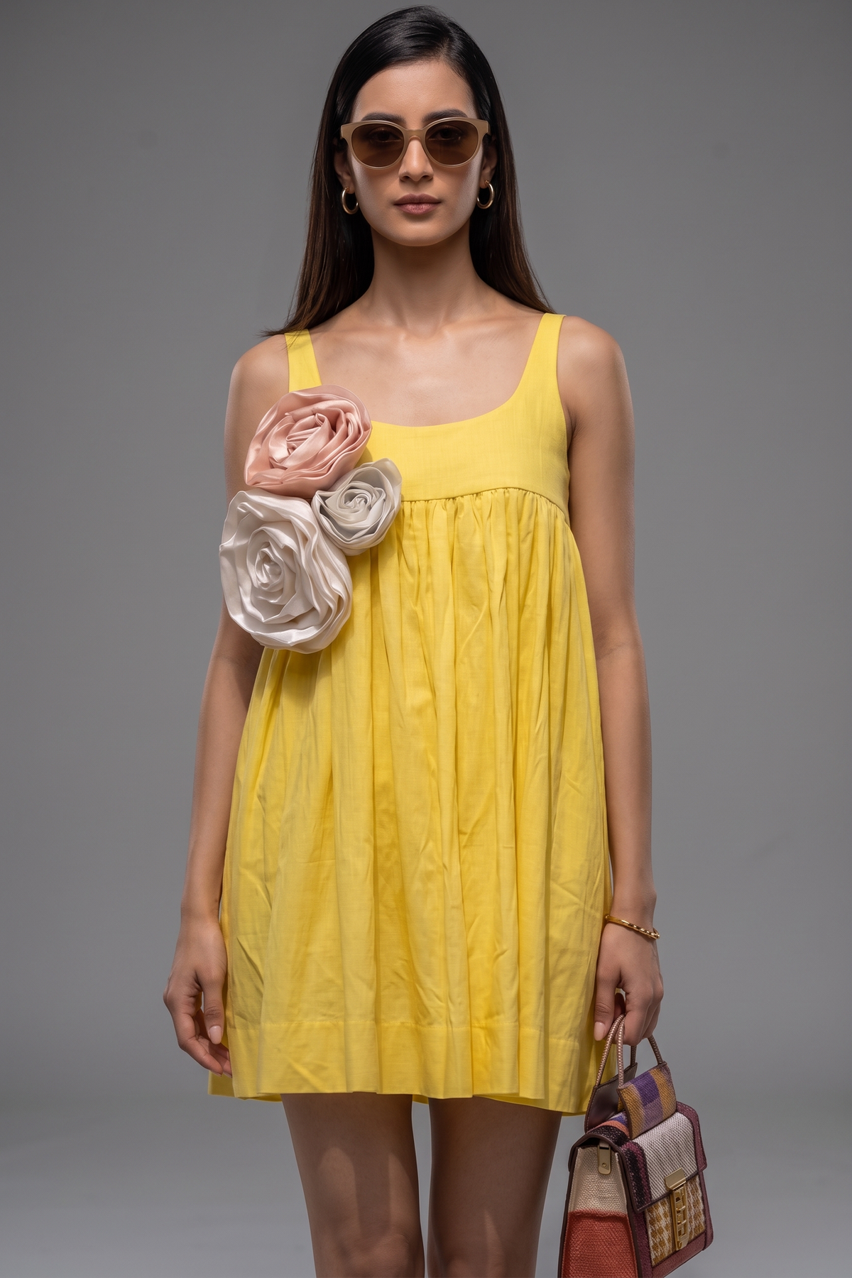 Yellow Cotton 3D Floral Patch Fit-and-Flare Mini Dress