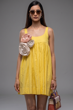 Yellow Cotton 3D Floral Patch Fit-and-Flare Mini Dress