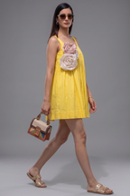 Yellow Cotton 3D Floral Patch Fit-and-Flare Mini Dress