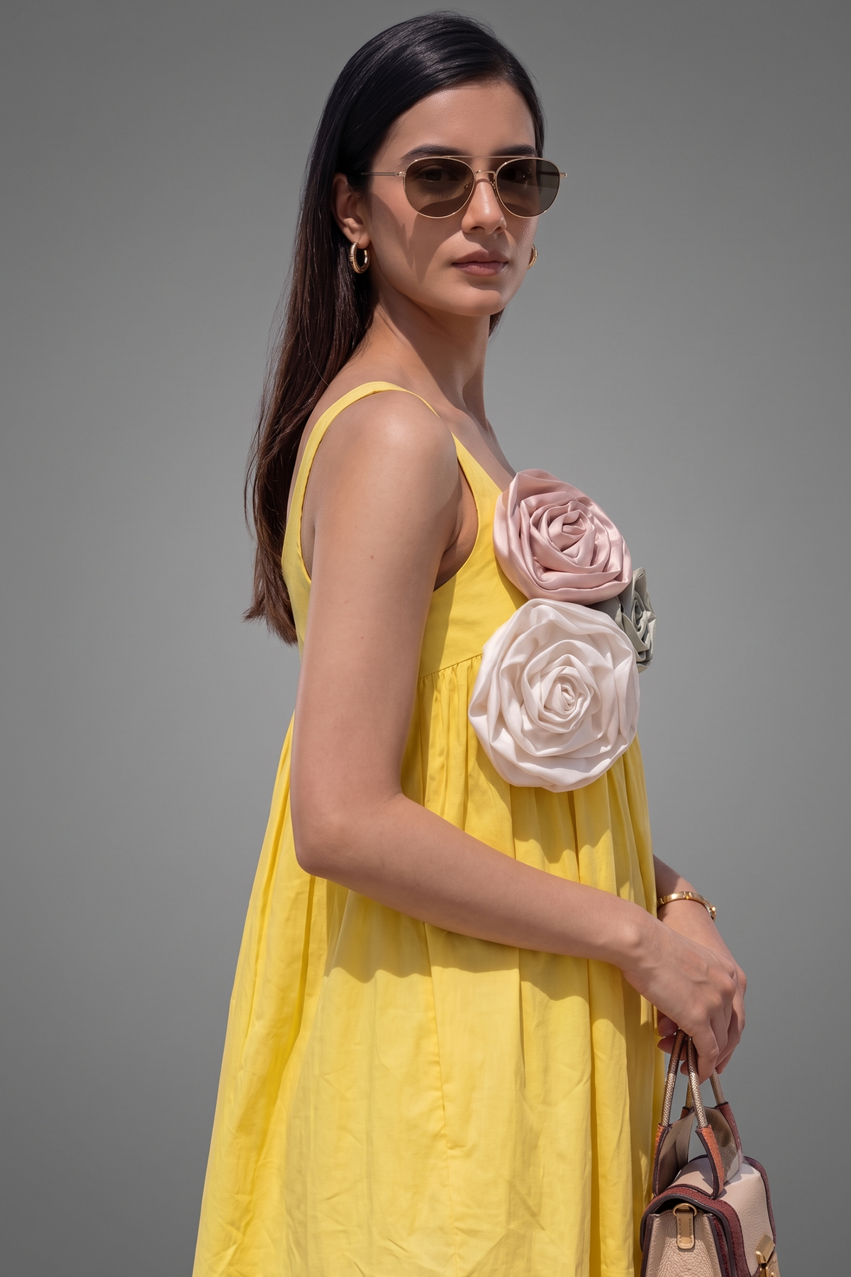 Yellow Cotton 3D Floral Patch Fit-and-Flare Mini Dress