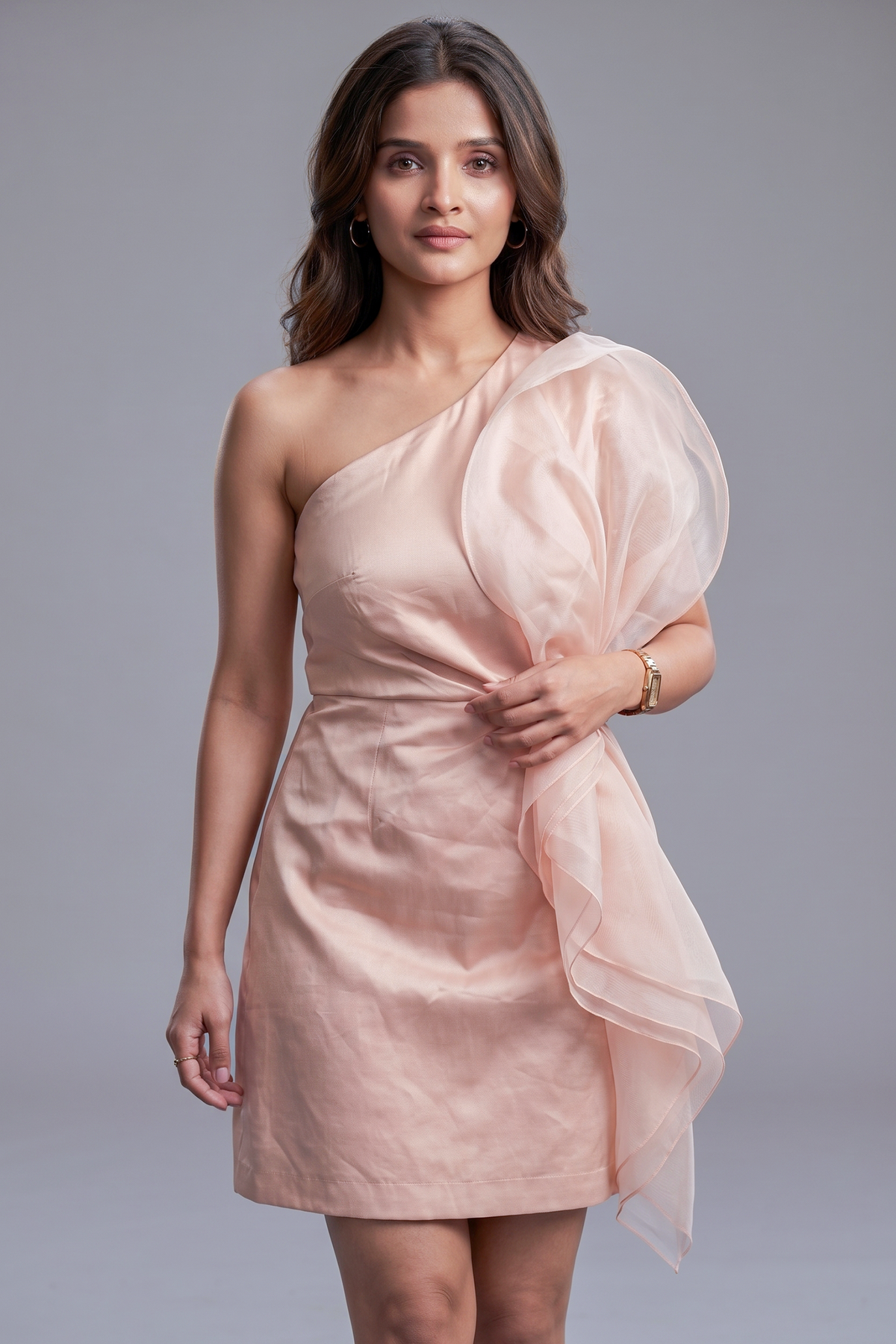 Blush Pink Organza Modal Silk One Shoulder Dress