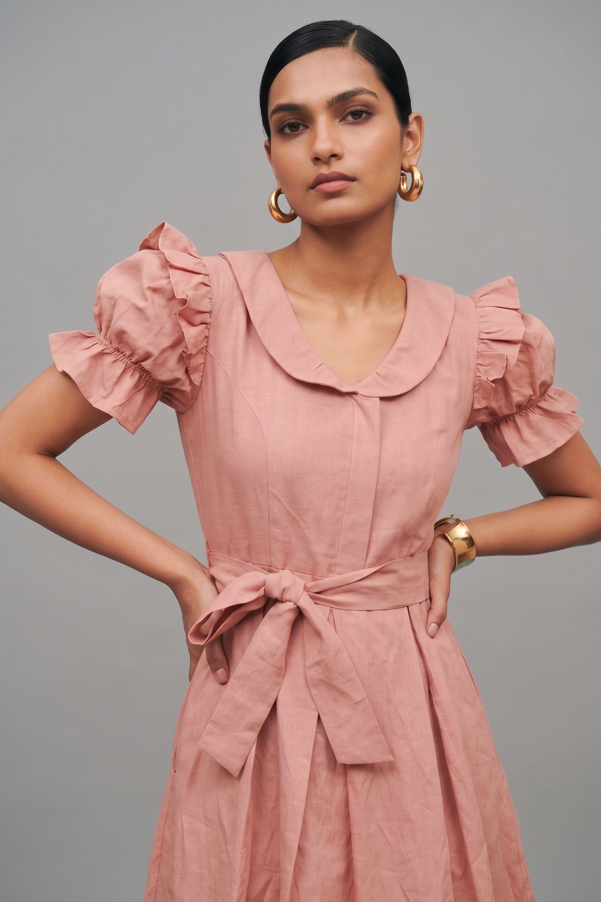 Soft Pink Cotton Peter Pan Collar and Puff Sleeved Fit-and-Flare Mini Dress