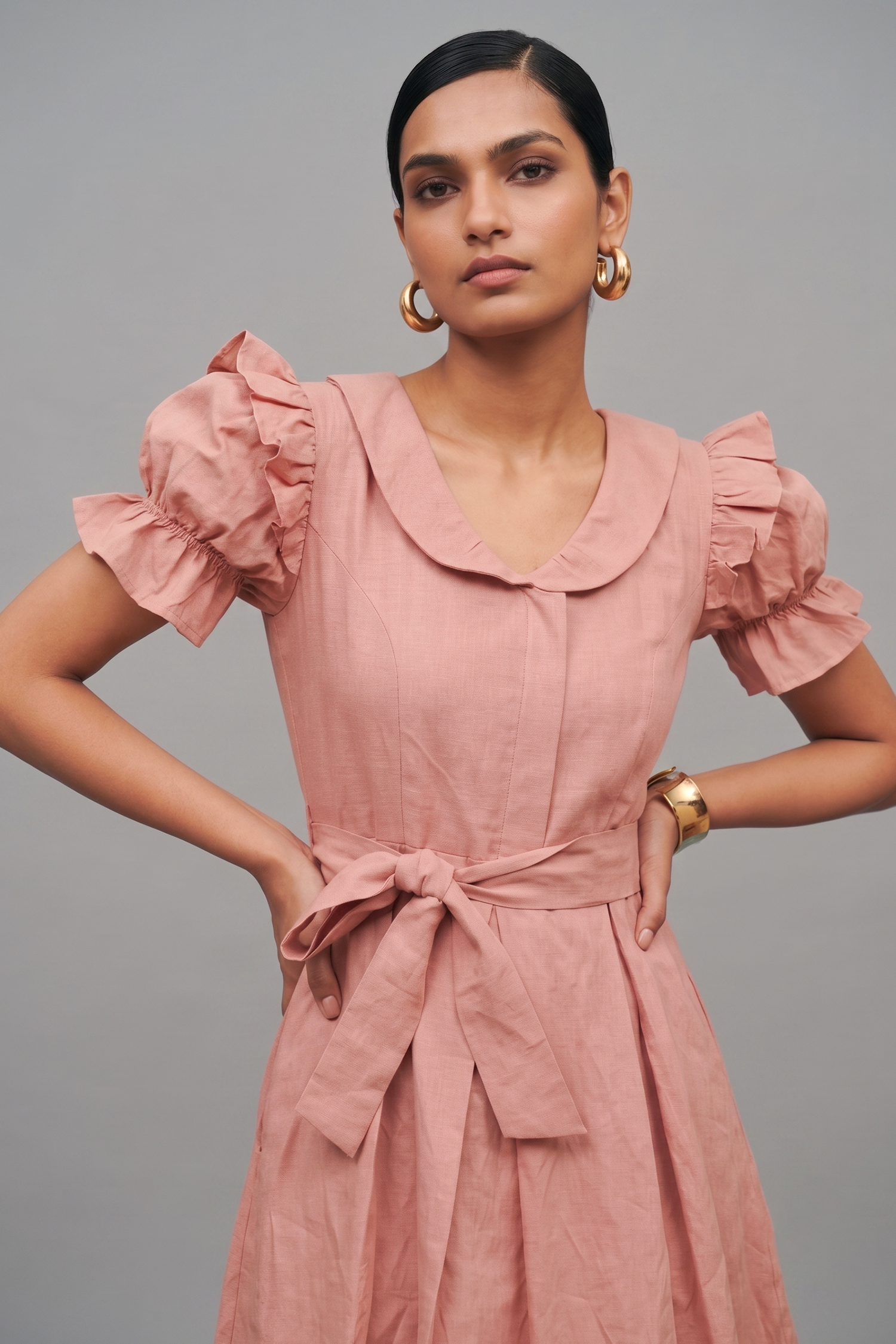 Soft Pink Cotton Peter Pan Collar and Puff Sleeved Fit-and-Flare Mini Dress