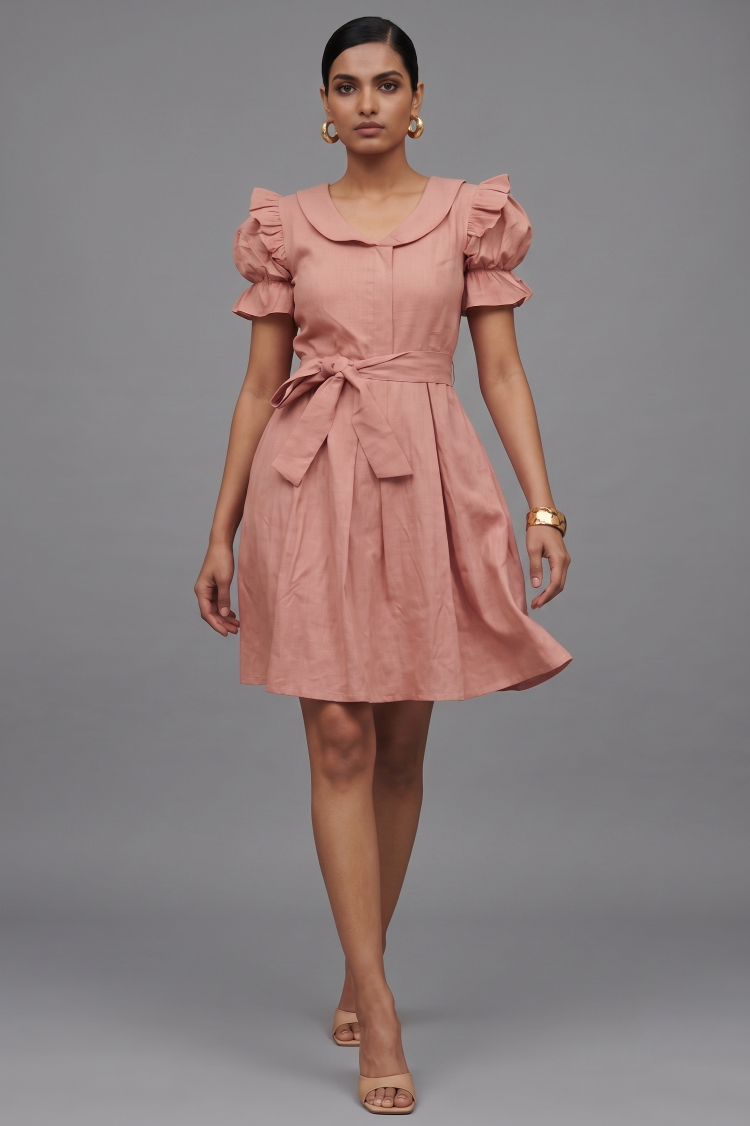Soft Pink Cotton Peter Pan Collar and Puff Sleeved Fit-and-Flare Mini Dress Main image