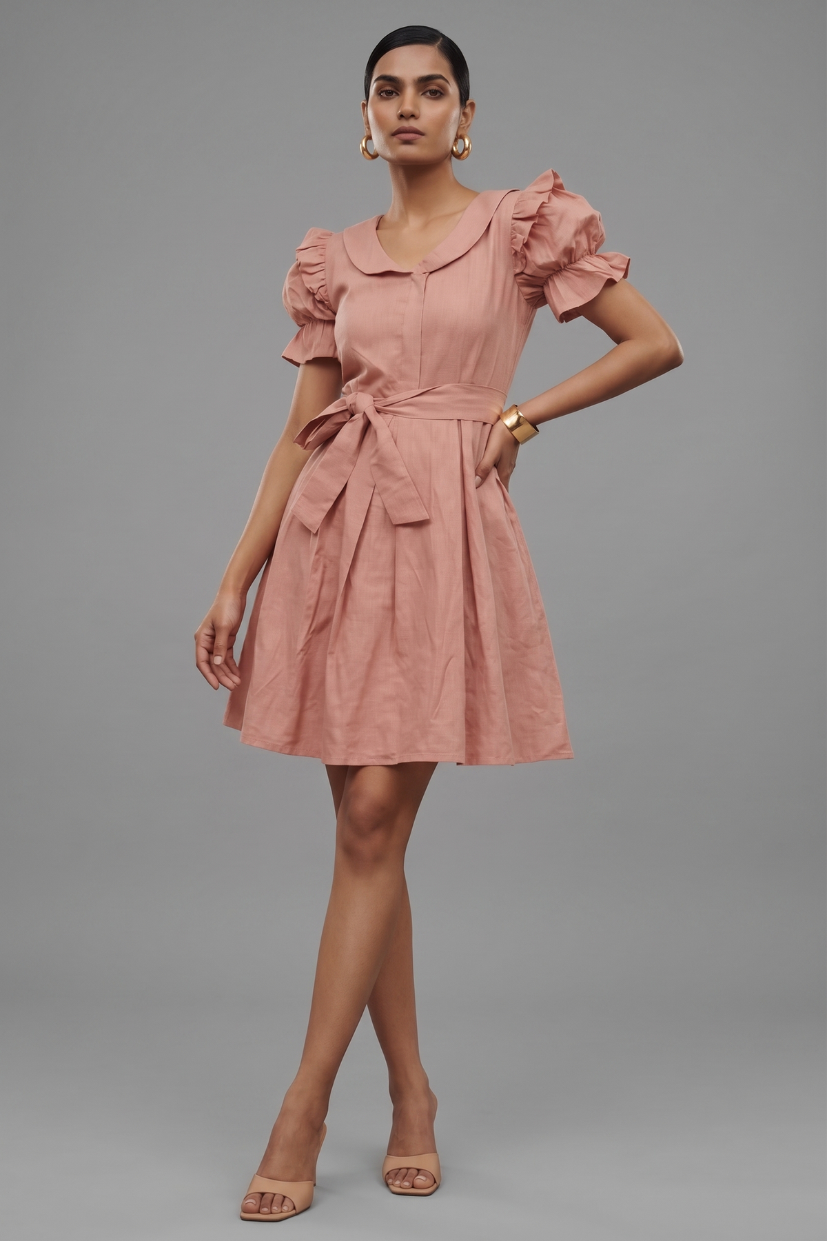 Soft Pink Cotton Peter Pan Collar and Puff Sleeved Fit-and-Flare Mini Dress