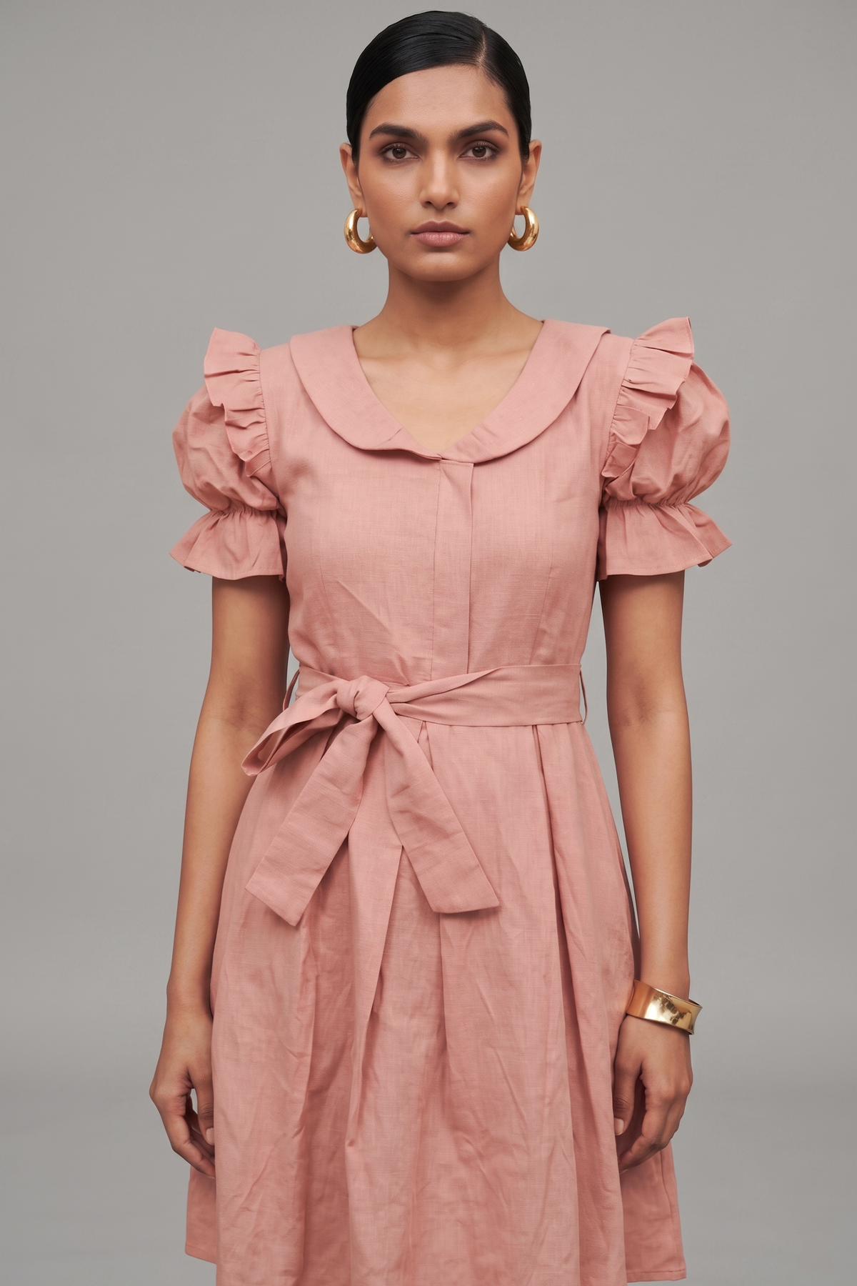 Soft Pink Cotton Peter Pan Collar and Puff Sleeved Fit-and-Flare Mini Dress