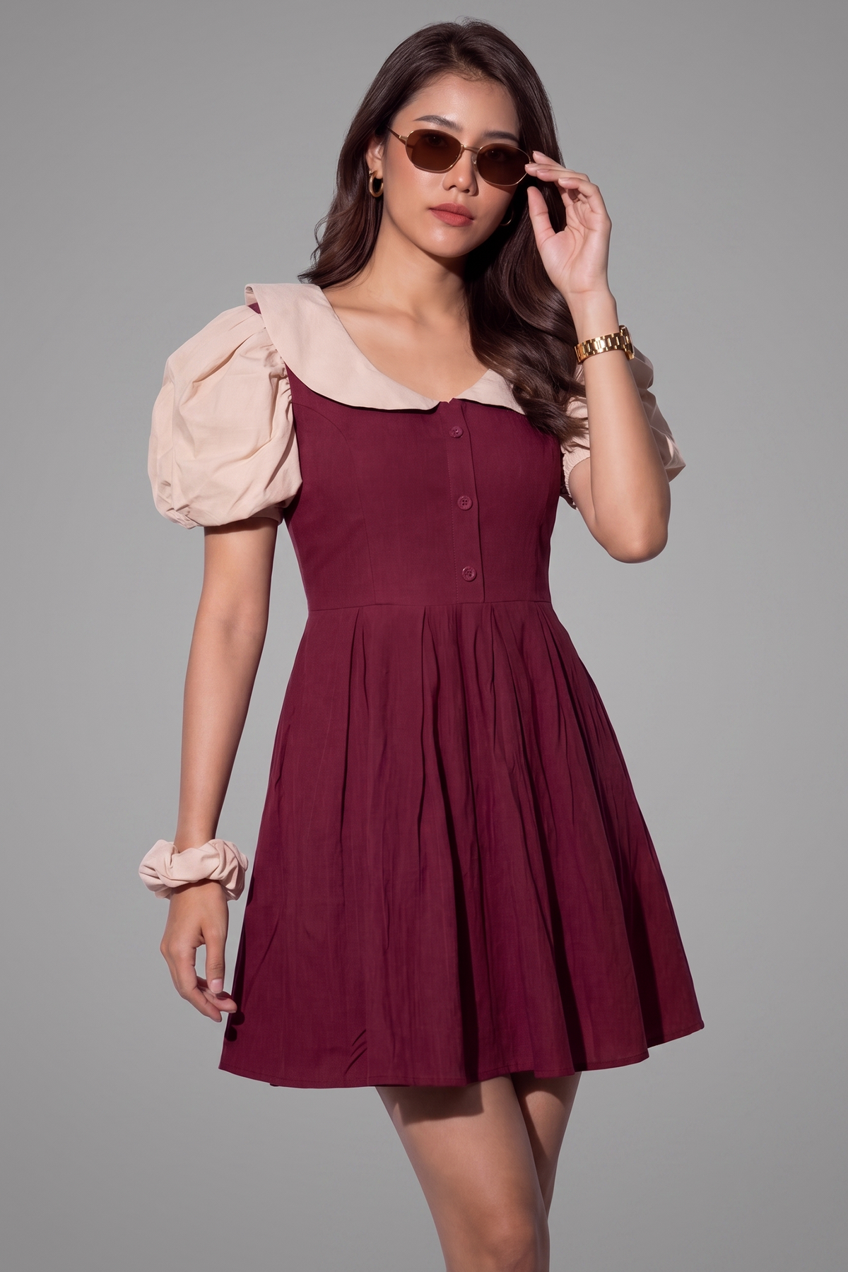 Maroon and Peach Cotton Peter Pan Collar and Puff Sleeved Fit-and-Flare Mini Dress