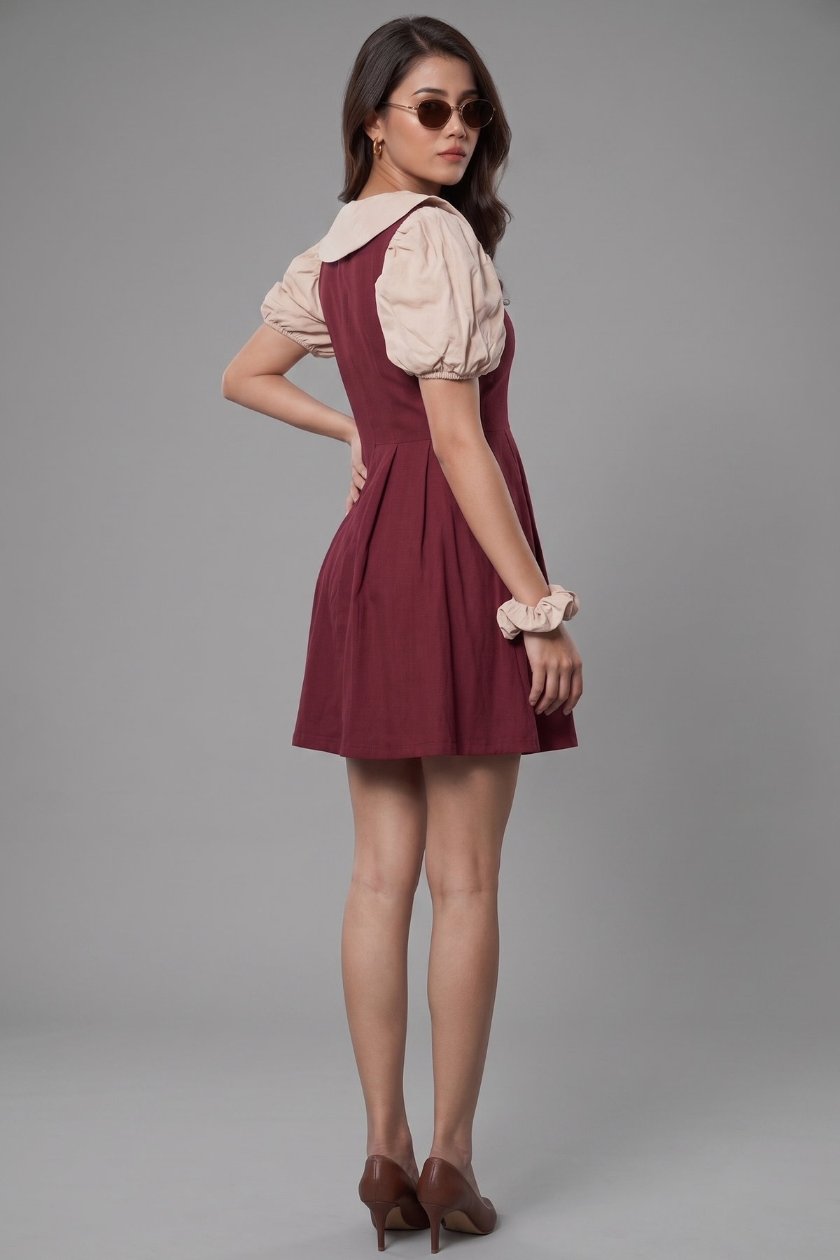 Maroon and Peach Cotton Peter Pan Collar and Puff Sleeved Fit-and-Flare Mini Dress