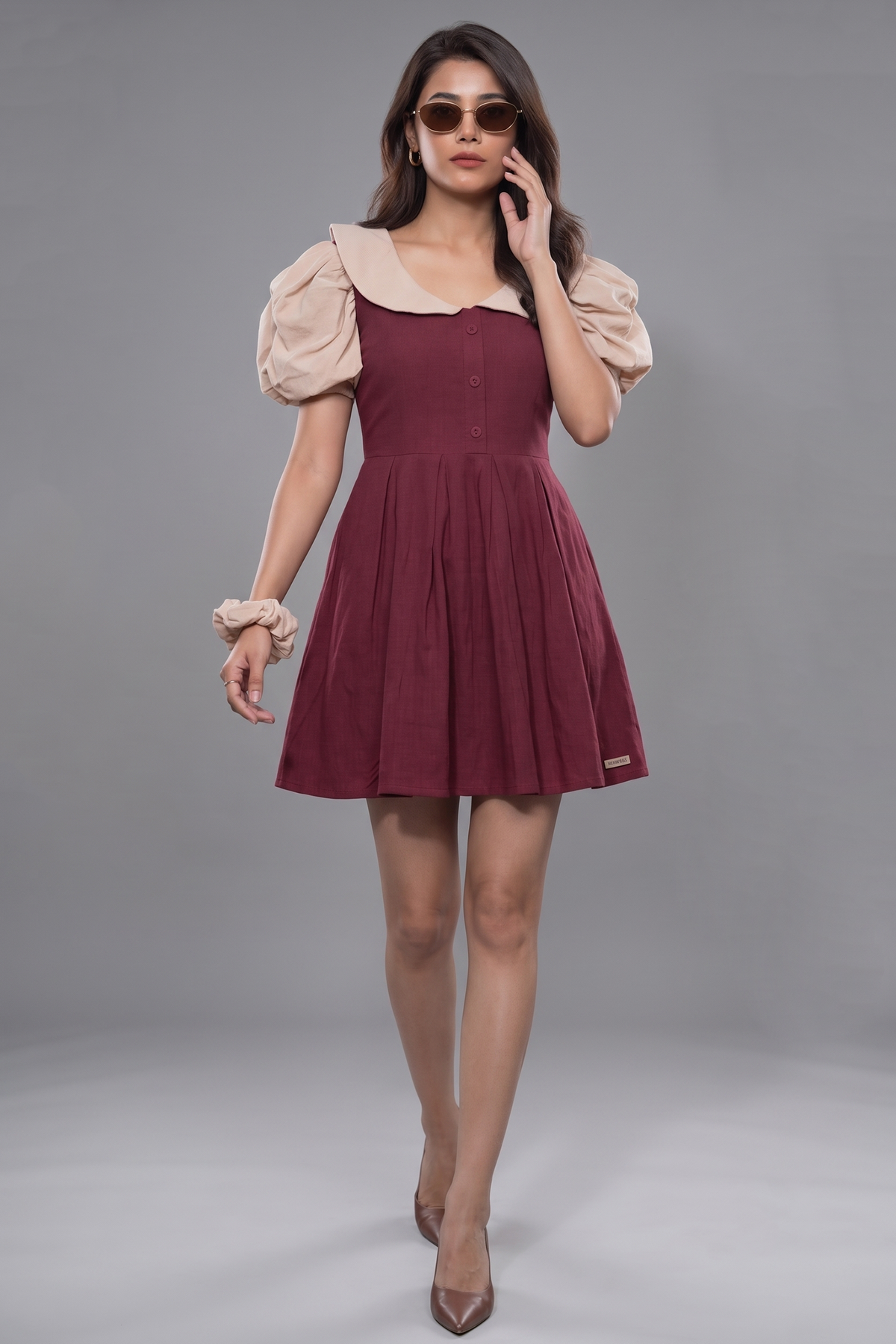 Maroon and Peach Cotton Peter Pan Collar and Puff Sleeved Fit-and-Flare Mini Dress