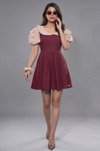 Maroon and Peach Cotton Peter Pan Collar and Puff Sleeved Fit-and-Flare Mini Dress