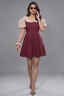 Maroon and Peach Cotton Peter Pan Collar and Puff Sleeved Fit-and-Flare Mini Dress