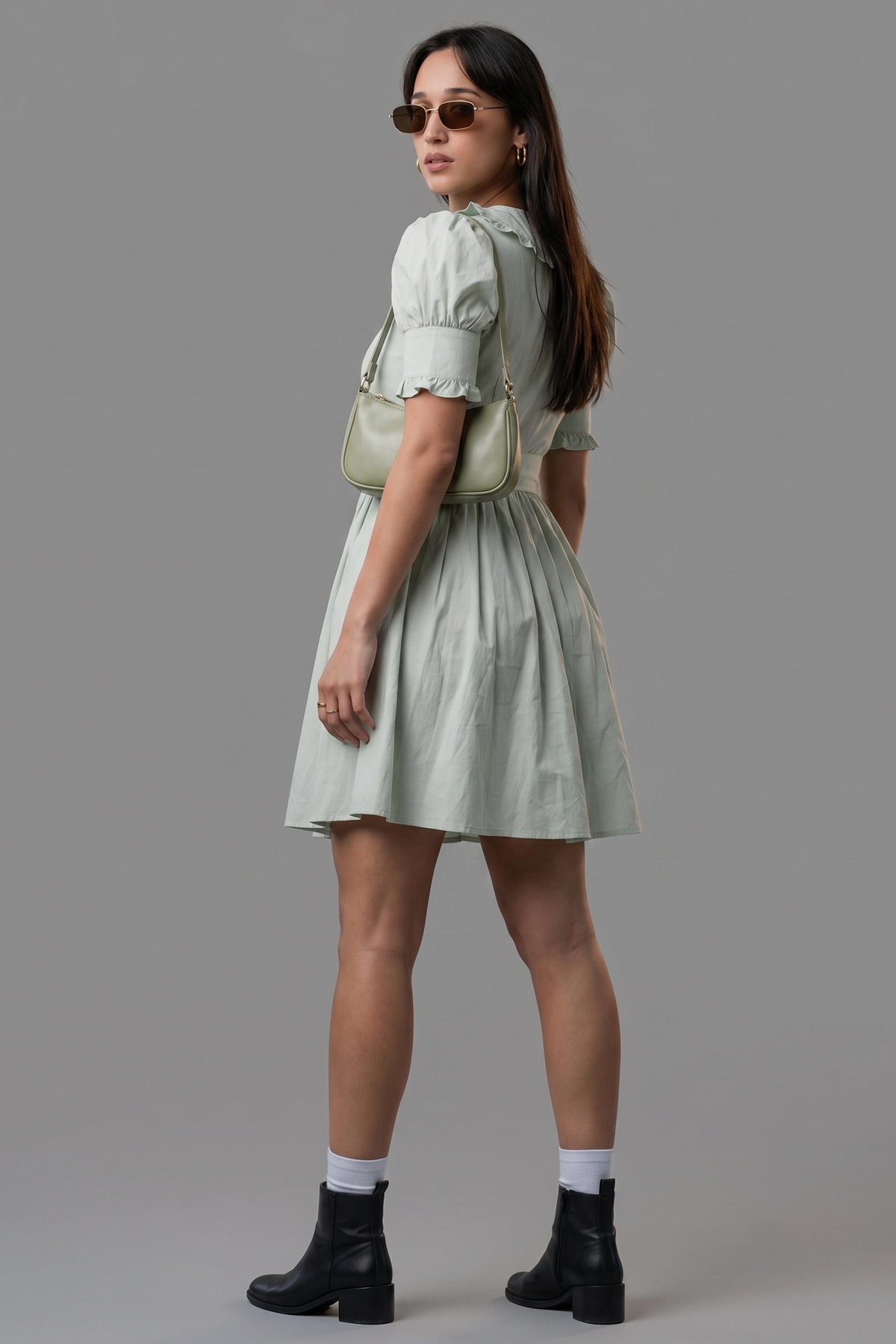 Mint Green Cotton Peter Pan Collar and Puff Sleeved Fit-and-Flare Mini Dress