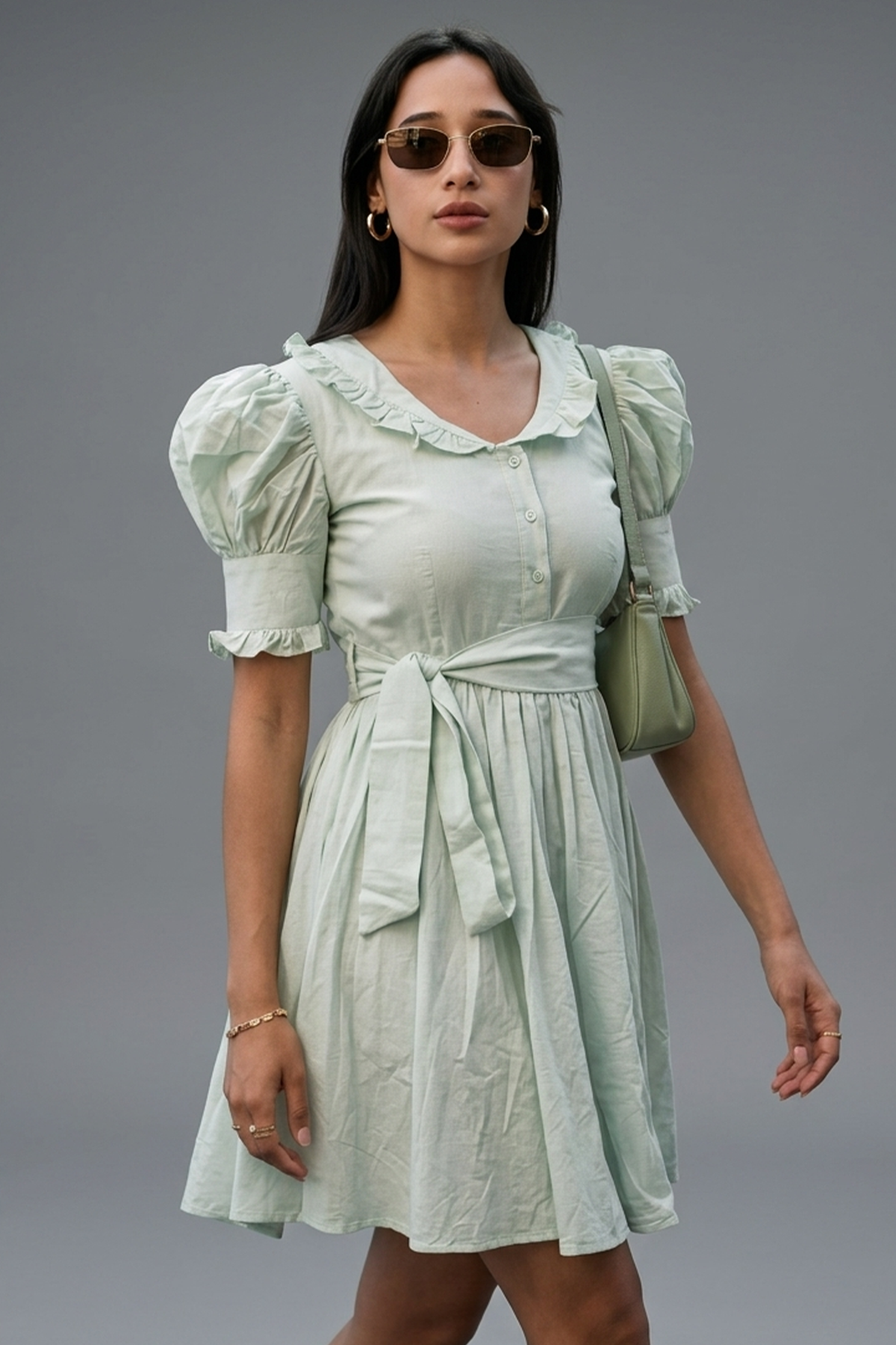 Mint Green Cotton Peter Pan Collar and Puff Sleeved Fit-and-Flare Mini Dress
