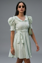 Mint Green Cotton Peter Pan Collar and Puff Sleeved Fit-and-Flare Mini Dress