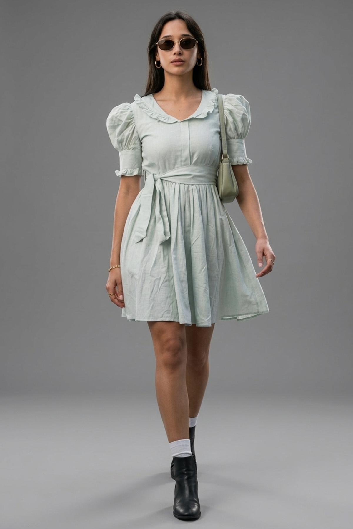 Mint Green Cotton Peter Pan Collar and Puff Sleeved Fit-and-Flare Mini Dress