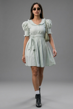 Mint Green Cotton Peter Pan Collar and Puff Sleeved Fit-and-Flare Mini Dress