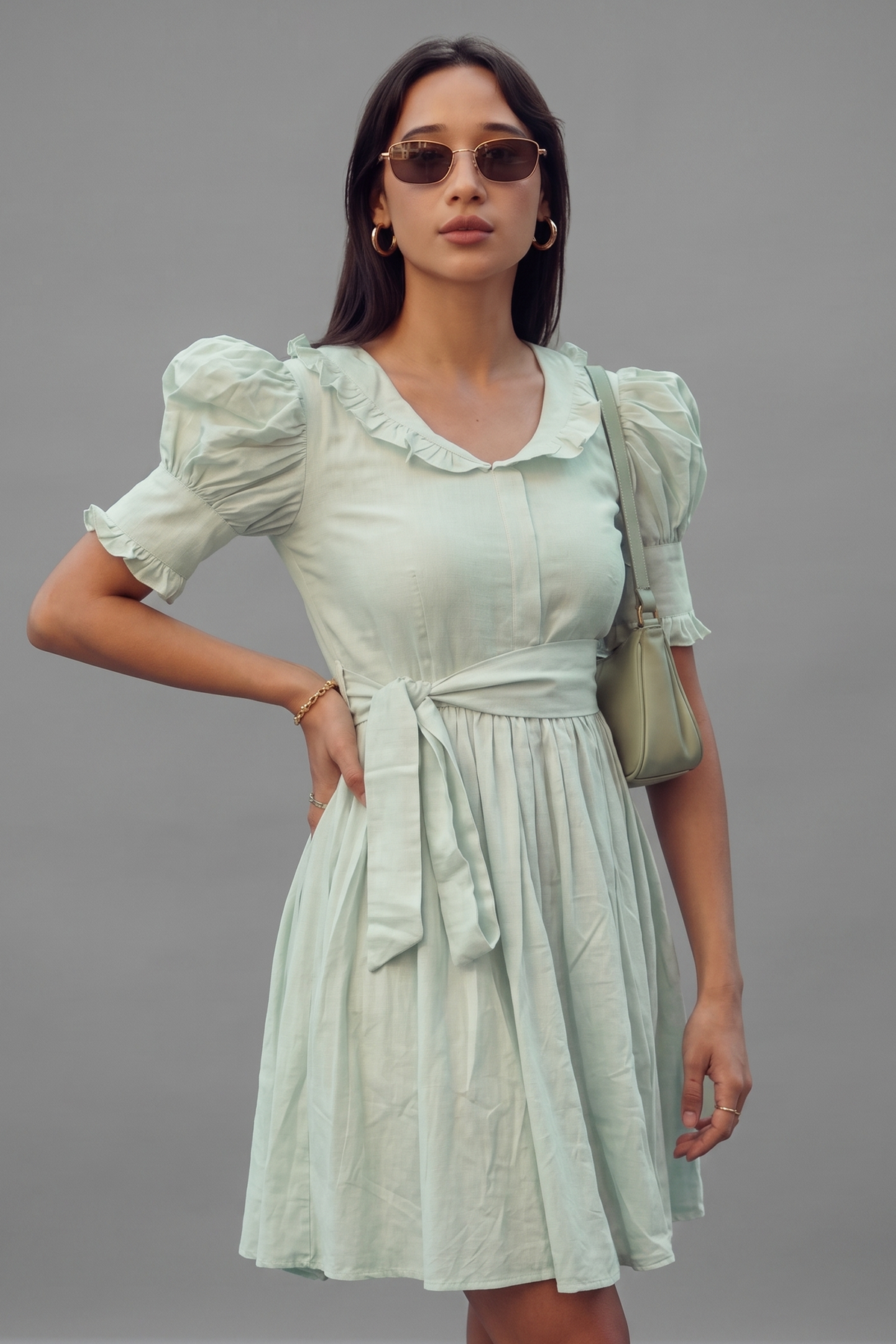 Mint Green Cotton Peter Pan Collar and Puff Sleeved Fit-and-Flare Mini Dress