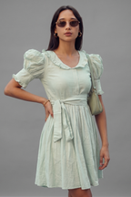 Mint Green Cotton Peter Pan Collar and Puff Sleeved Fit-and-Flare Mini Dress