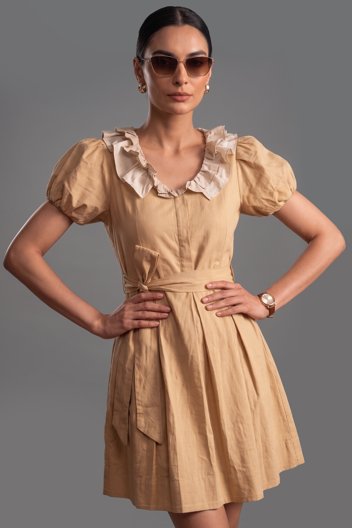 Beige Cotton Puff Sleeved Peter Pan Collar Fit-and-Flare Mini Dress
