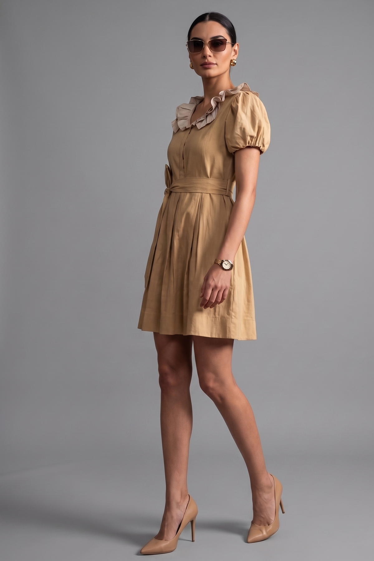 Beige Cotton Puff Sleeved Peter Pan Collar Fit-and-Flare Mini Dress