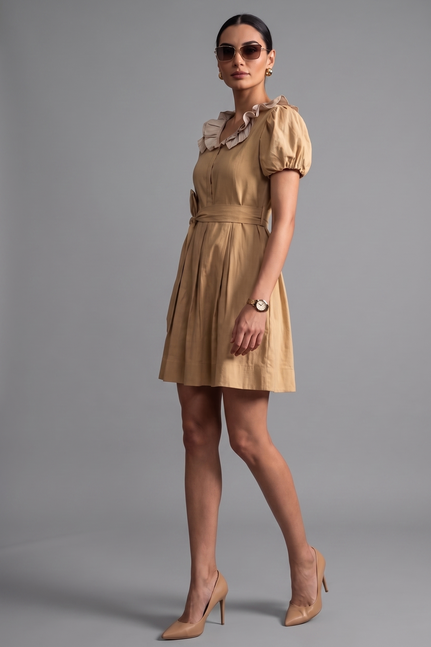 Beige Cotton Puff Sleeved Peter Pan Collar Fit-and-Flare Mini Dress