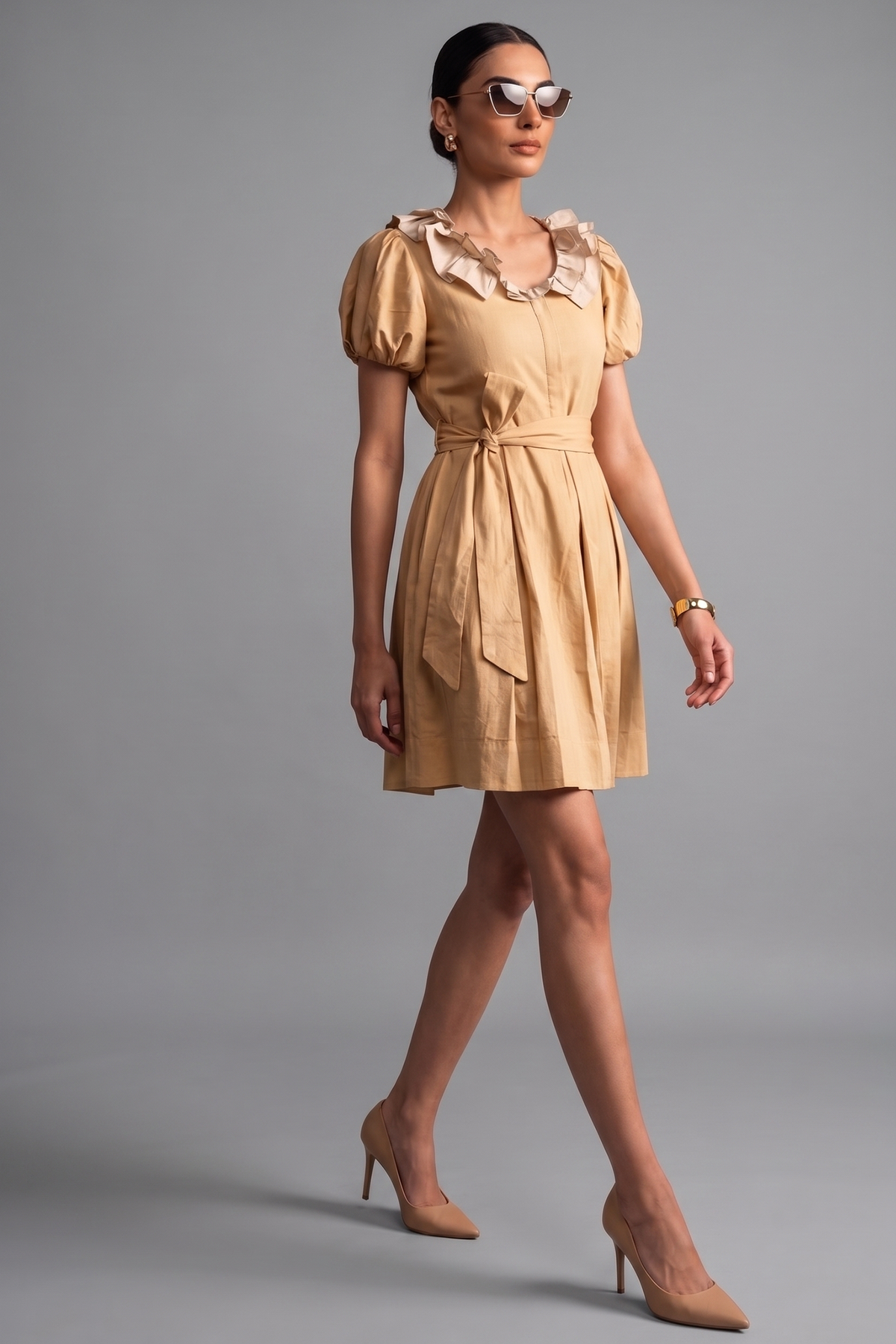 Beige Cotton Puff Sleeved Peter Pan Collar Fit-and-Flare Mini Dress