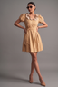 Beige Cotton Puff Sleeved Peter Pan Collar Fit-and-Flare Mini Dress