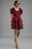 Maroon Cotton Puff Sleeved Peter Pan Collar Fit-and-Flare Mini Dress