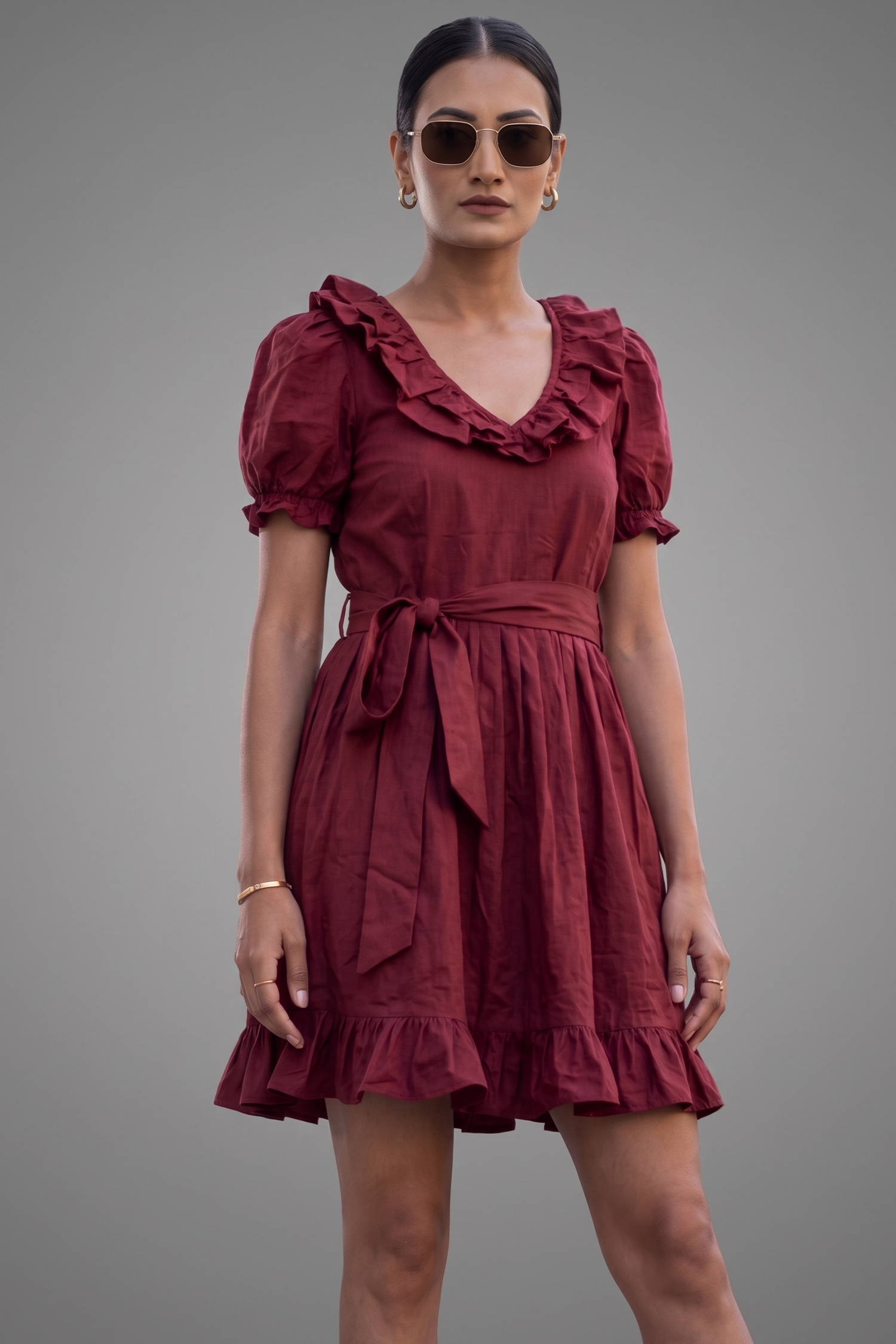 Maroon Cotton Puff Sleeved Peter Pan Collar Fit-and-Flare Mini Dress Secondary image