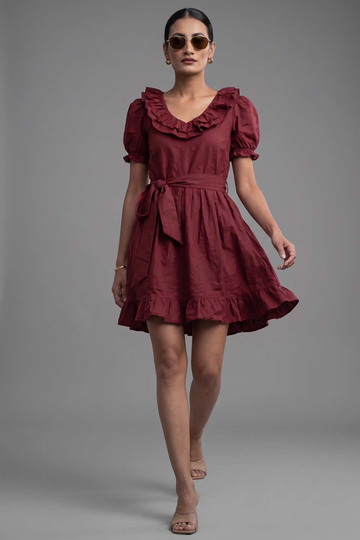 Maroon Cotton Puff Sleeved Peter Pan Collar Fit-and-Flare Mini Dress