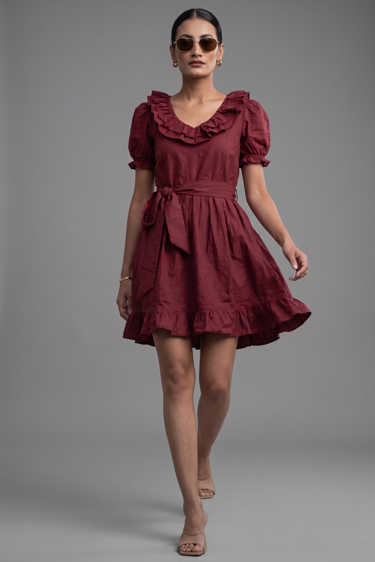 Maroon Cotton Puff Sleeved Peter Pan Collar Fit-and-Flare Mini Dress