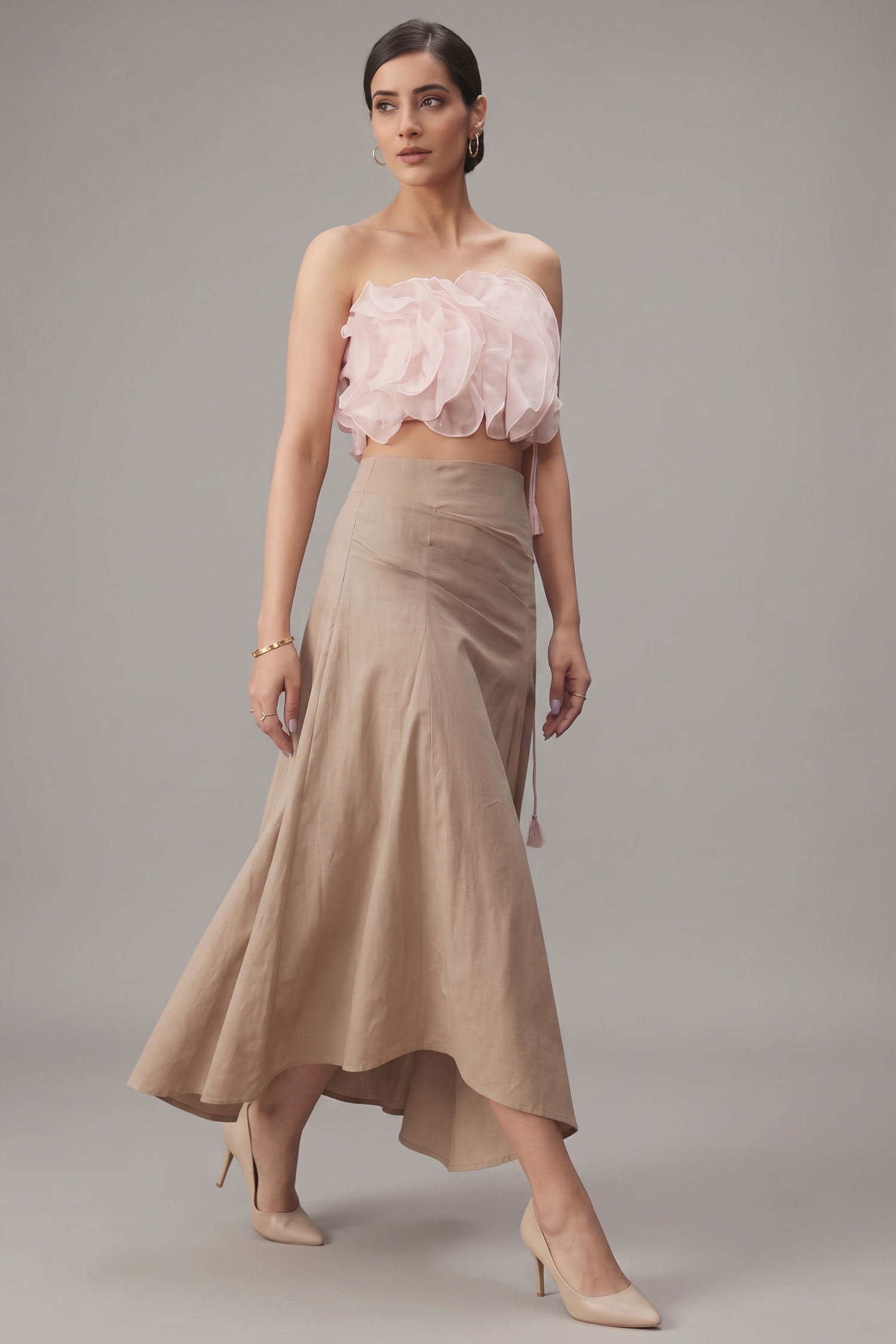 Light Peach Net 3D Floral Off Shoulder Crop Top with Asymmetrical Skirt Secondary image