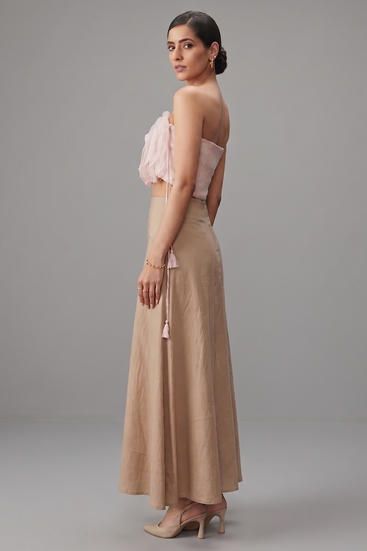Light Peach Net 3D Floral Off Shoulder Crop Top with Asymmetrical Skirt