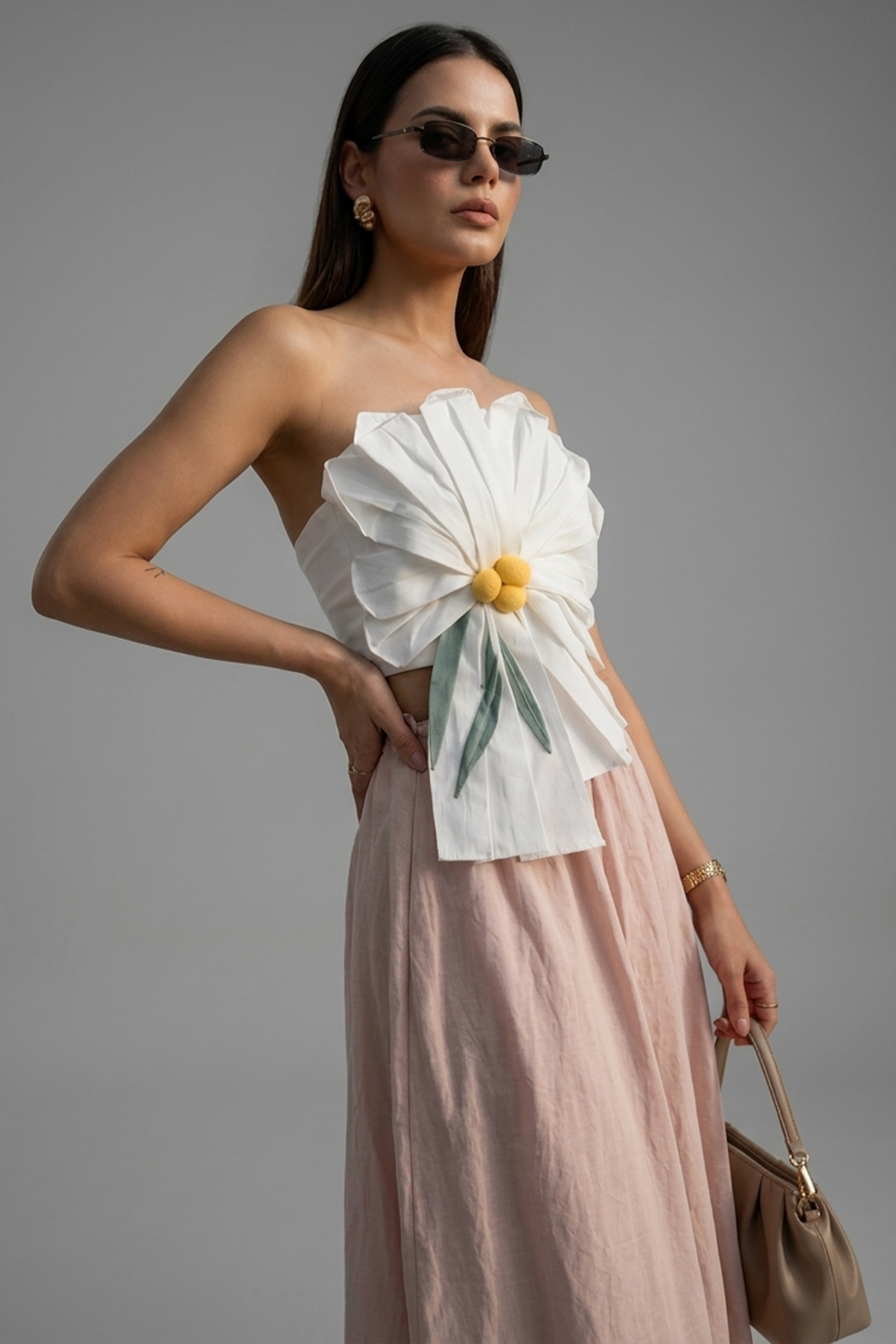 Off White Cotton Floral 3D Off Shoulder Crop Top with Skirt