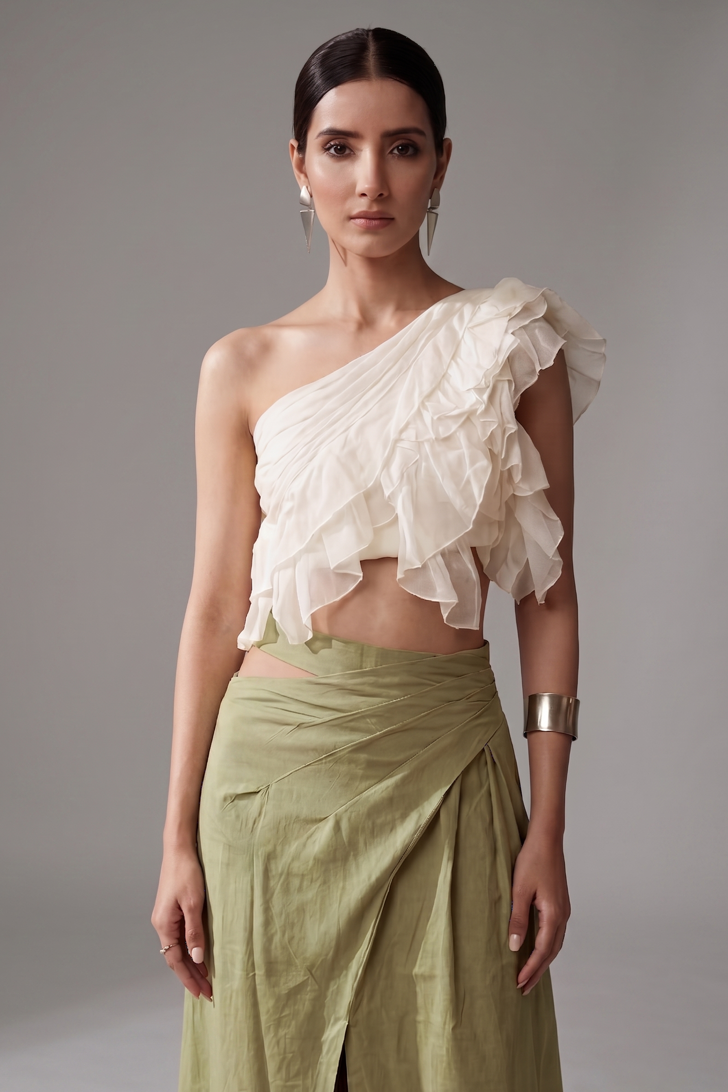 Off White Organza One Shoulder Crop Top with Asymmetrical Slit Cut Skirt Secondary image