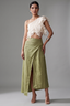 Off White Organza One Shoulder Crop Top with Asymmetrical Slit Cut Skirt