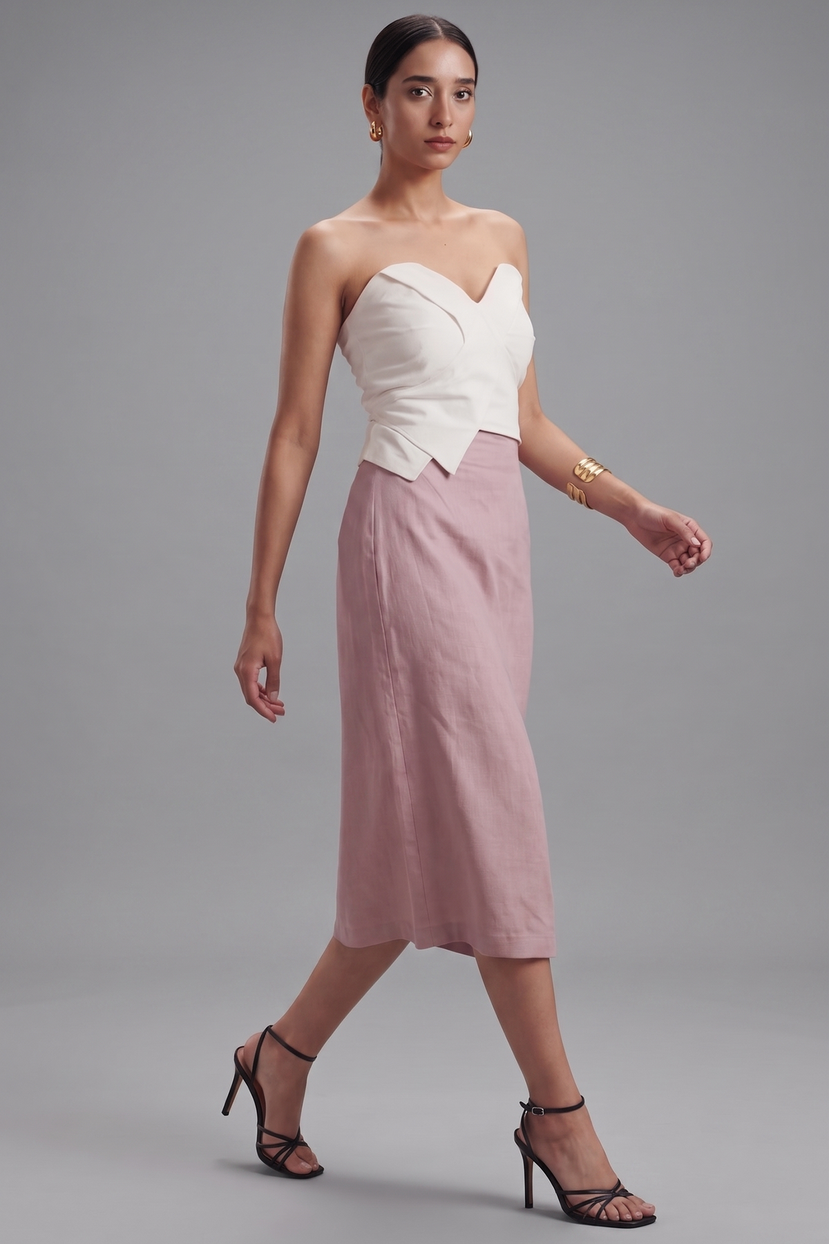 Pearl White Cotton Off Shoulder Crop Top with Slit Cut Skirt