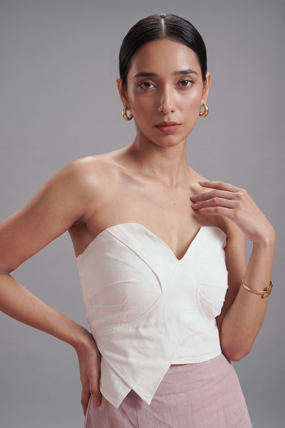 Pearl White Cotton Off Shoulder Crop Top with Slit Cut Skirt