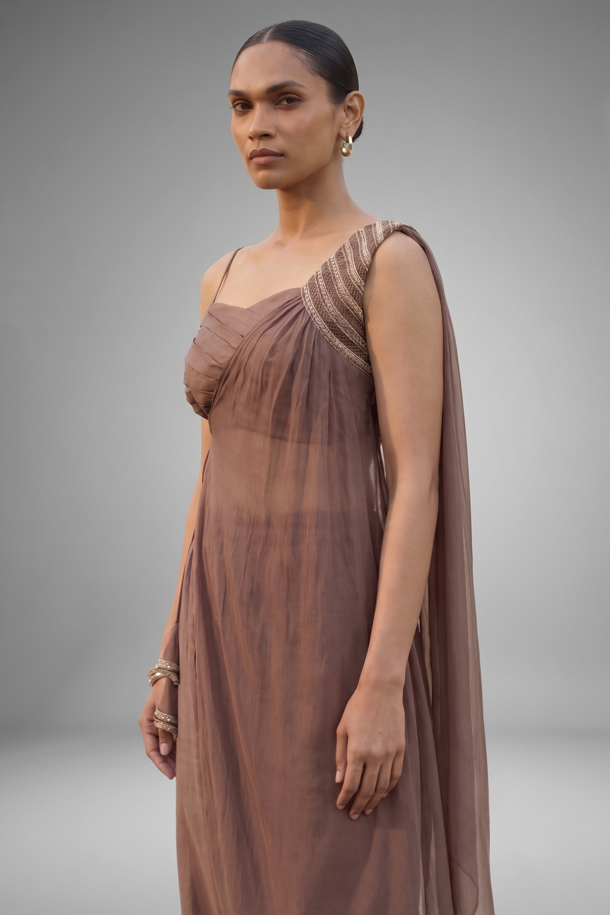 Mocha Brown Organza Modal Silk Crop Top Palazzo Set with Cape