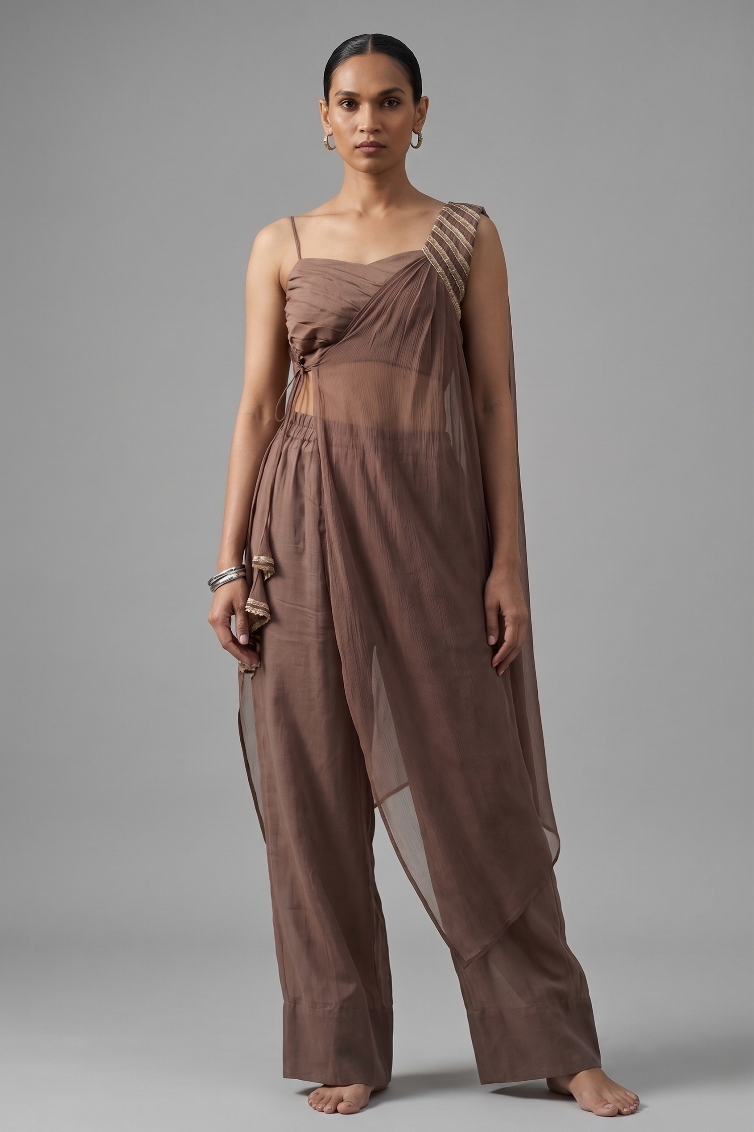 Mocha Brown Organza Modal Silk Crop Top Palazzo Set with Cape Main image