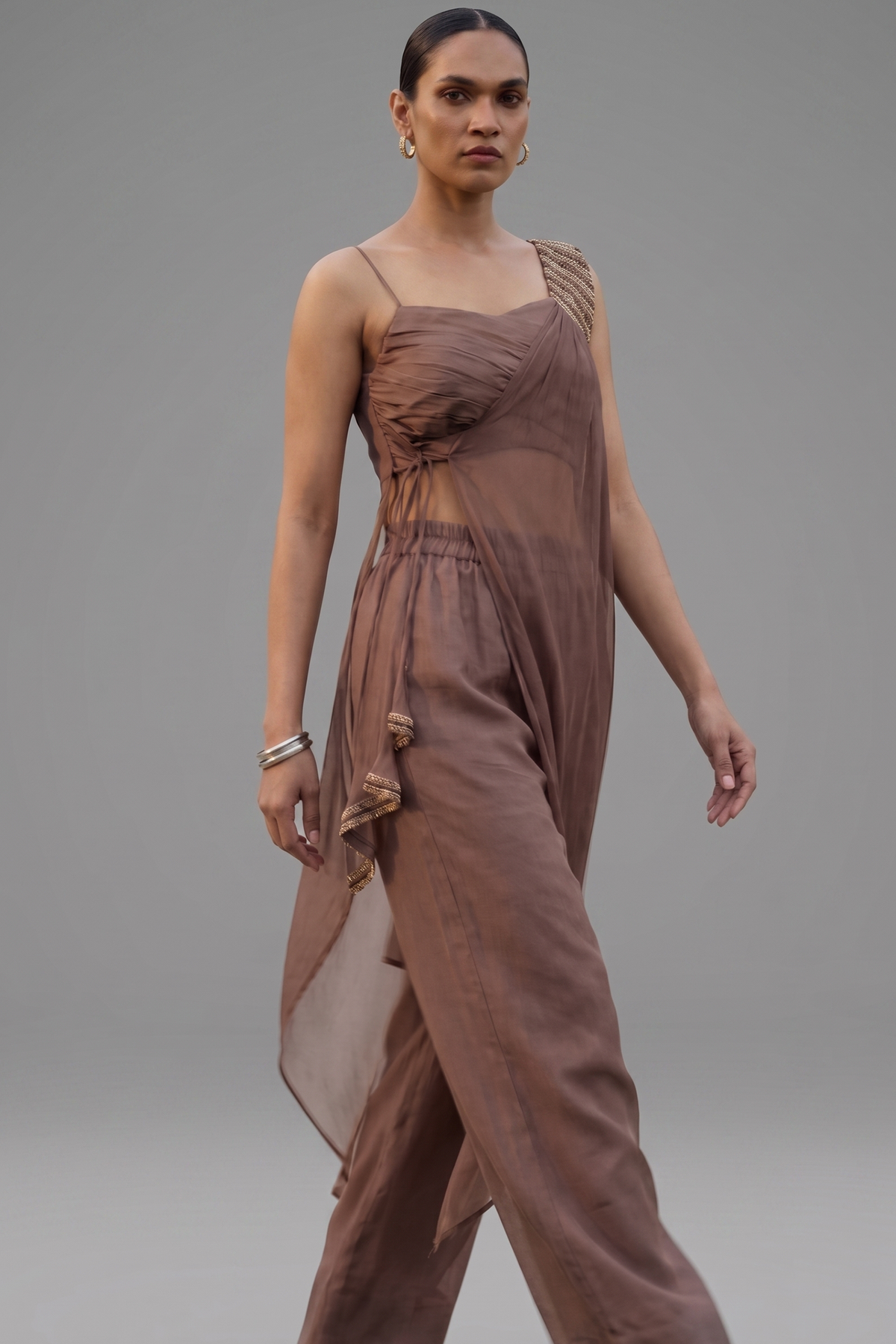 Mocha Brown Organza Modal Silk Crop Top Palazzo Set with Cape