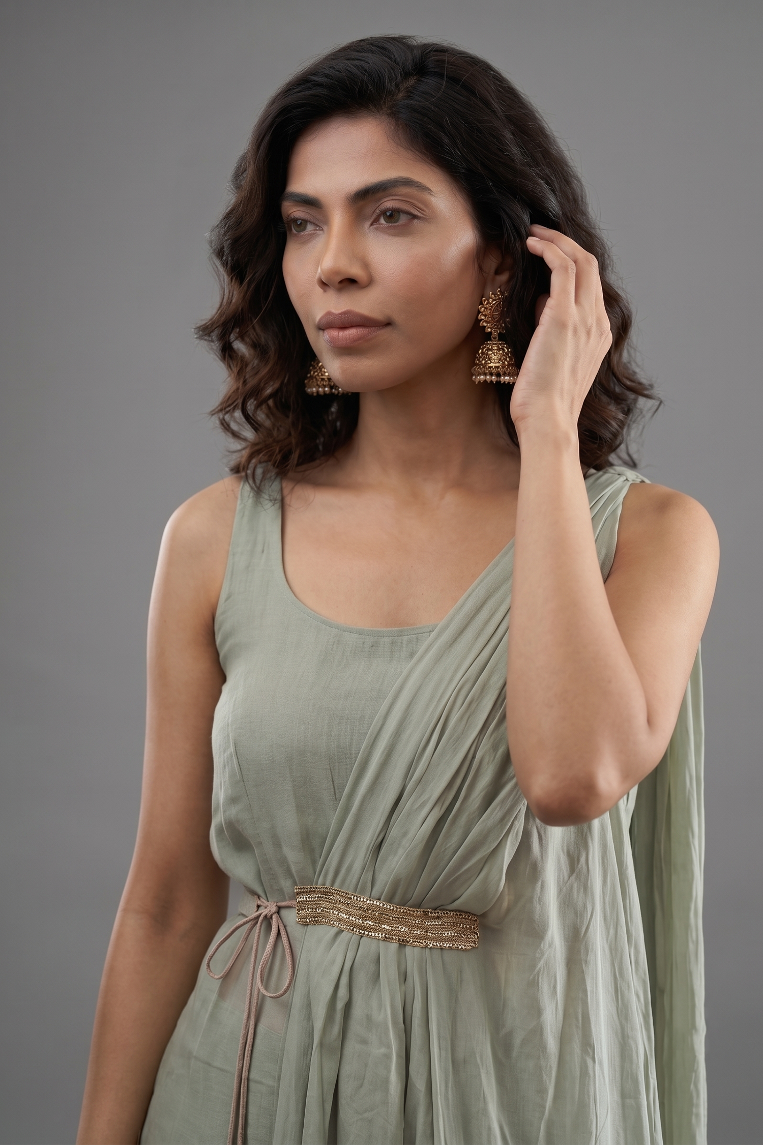 Sage Green Organza Modal Silk Straight Cut Palazzo Set with Cape Secondary image