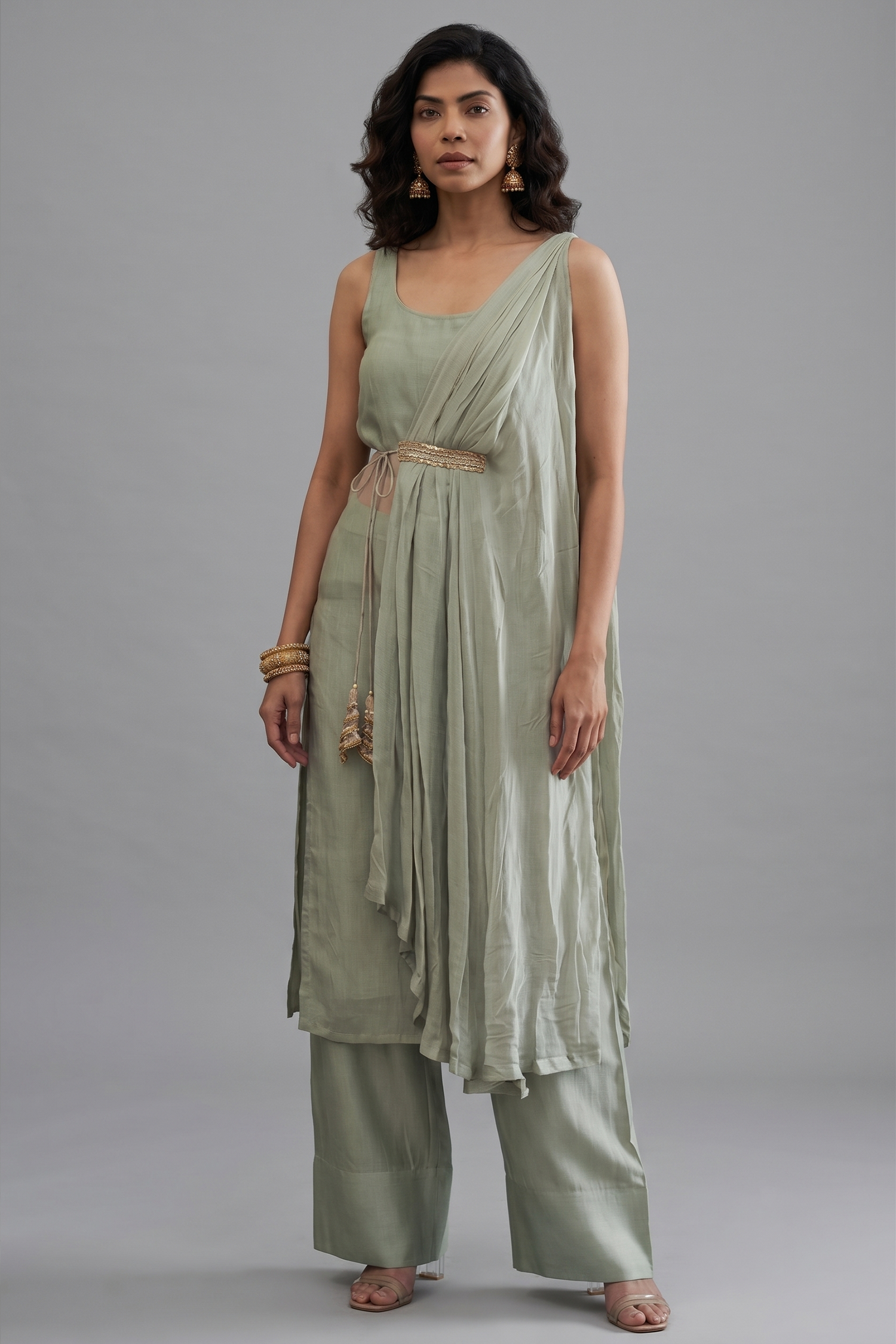 Sage Green Organza Modal Silk Straight Cut Palazzo Set with Cape Main image