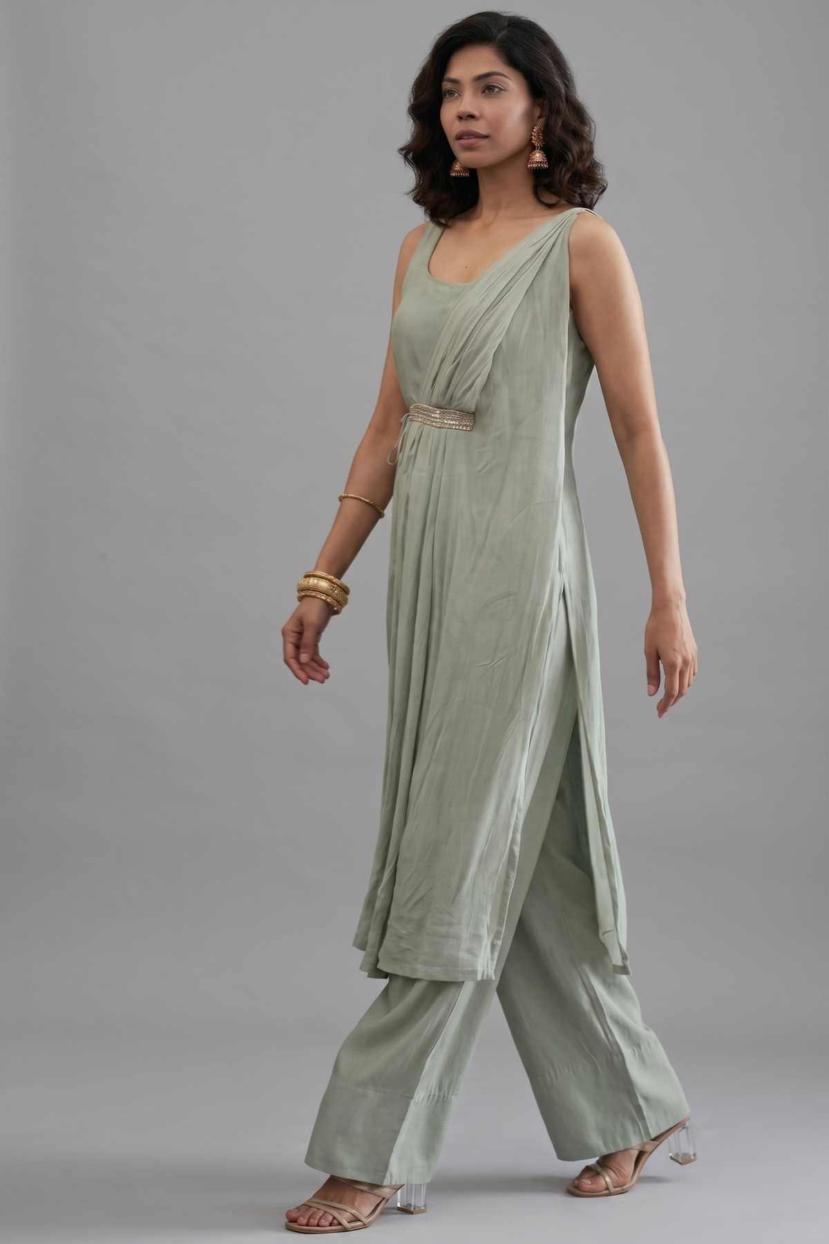 Sage Green Organza Modal Silk Straight Cut Palazzo Set with Cape