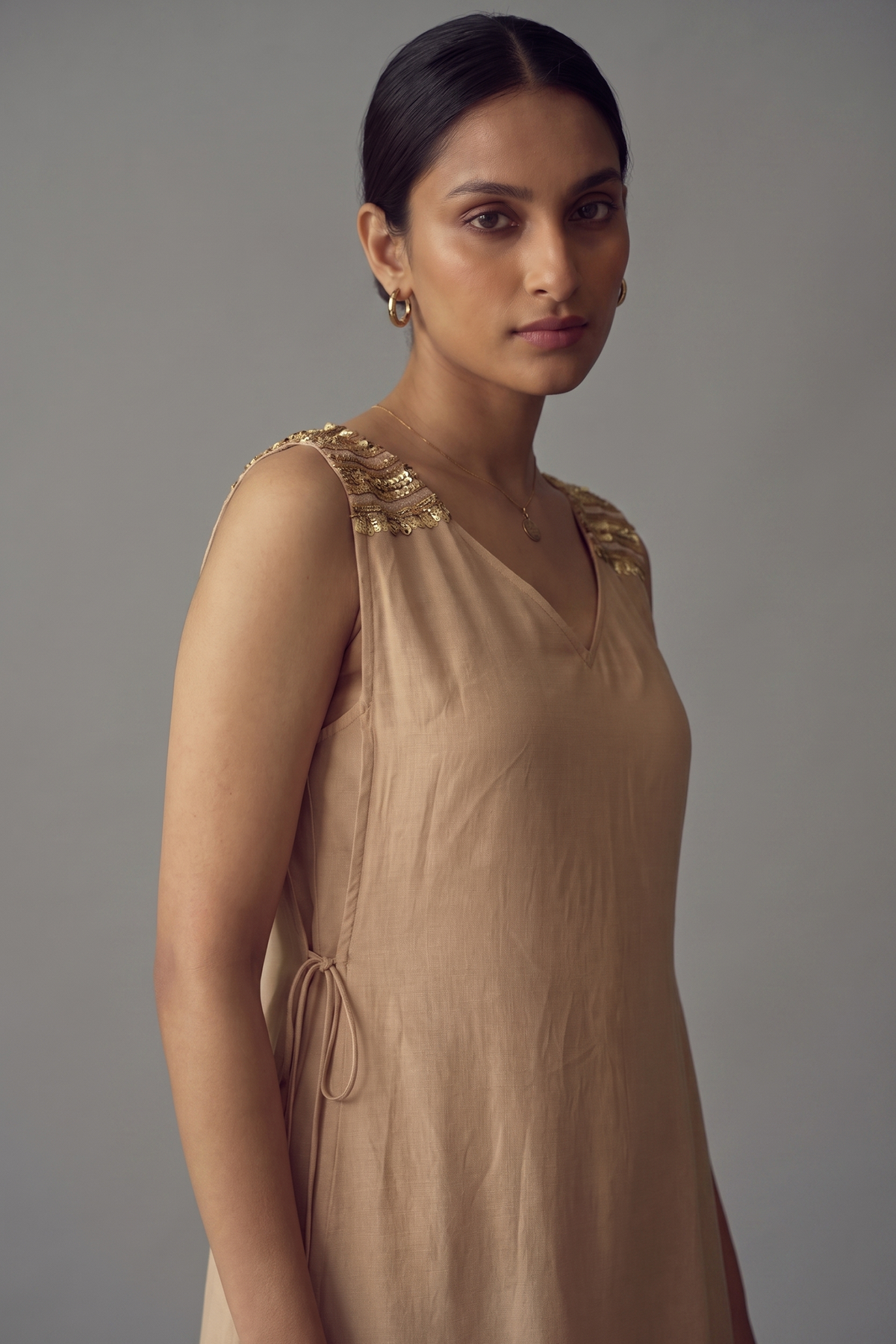 Light Champagne Golden Modal Silk Straight Cut Kurti and Palazzo Set