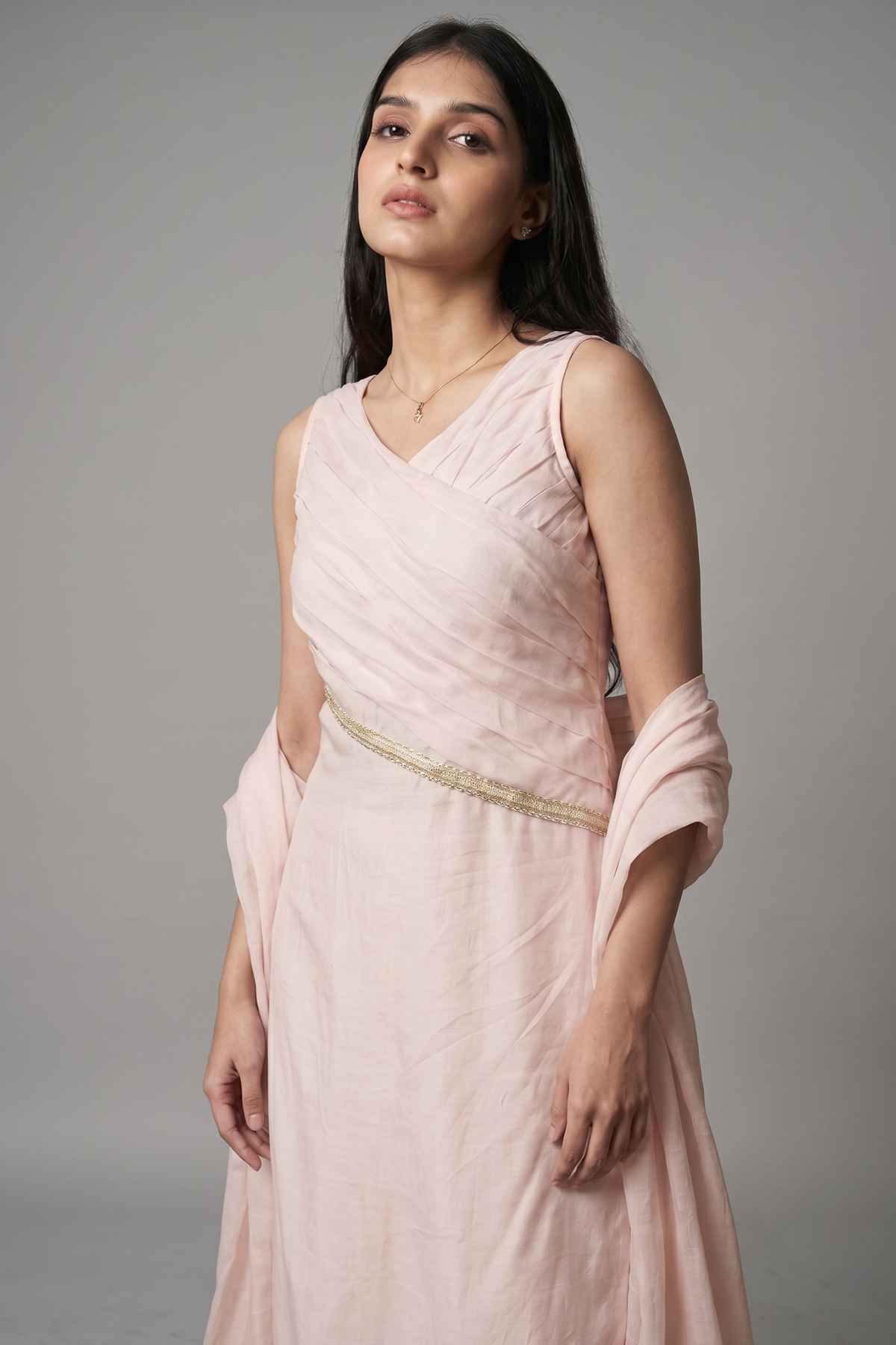 Pastel Pink Organza Modal Silk Sequin and Beaded Work Straight Cut Kurti Set