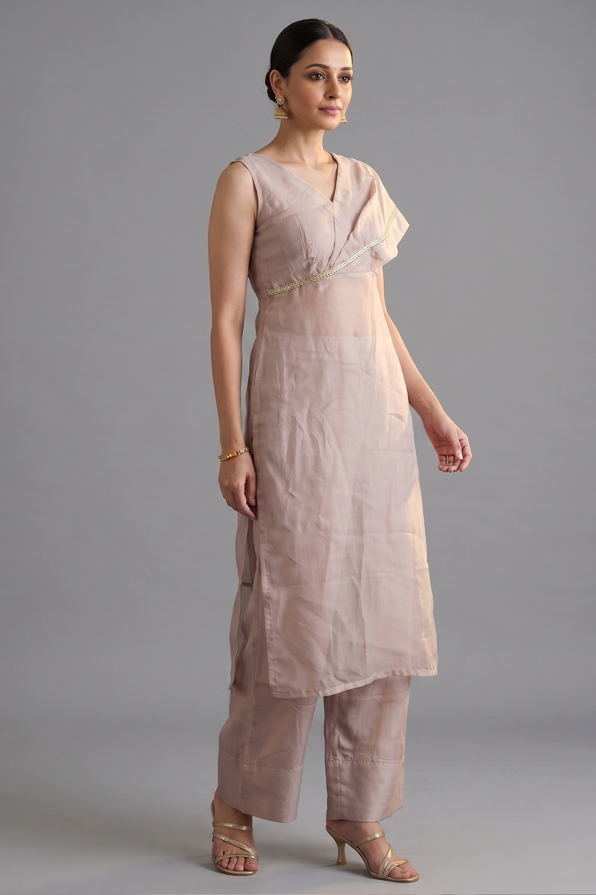 Rose Pink Organza Modal Silk Straight Cut Kurti and Palazzo Set