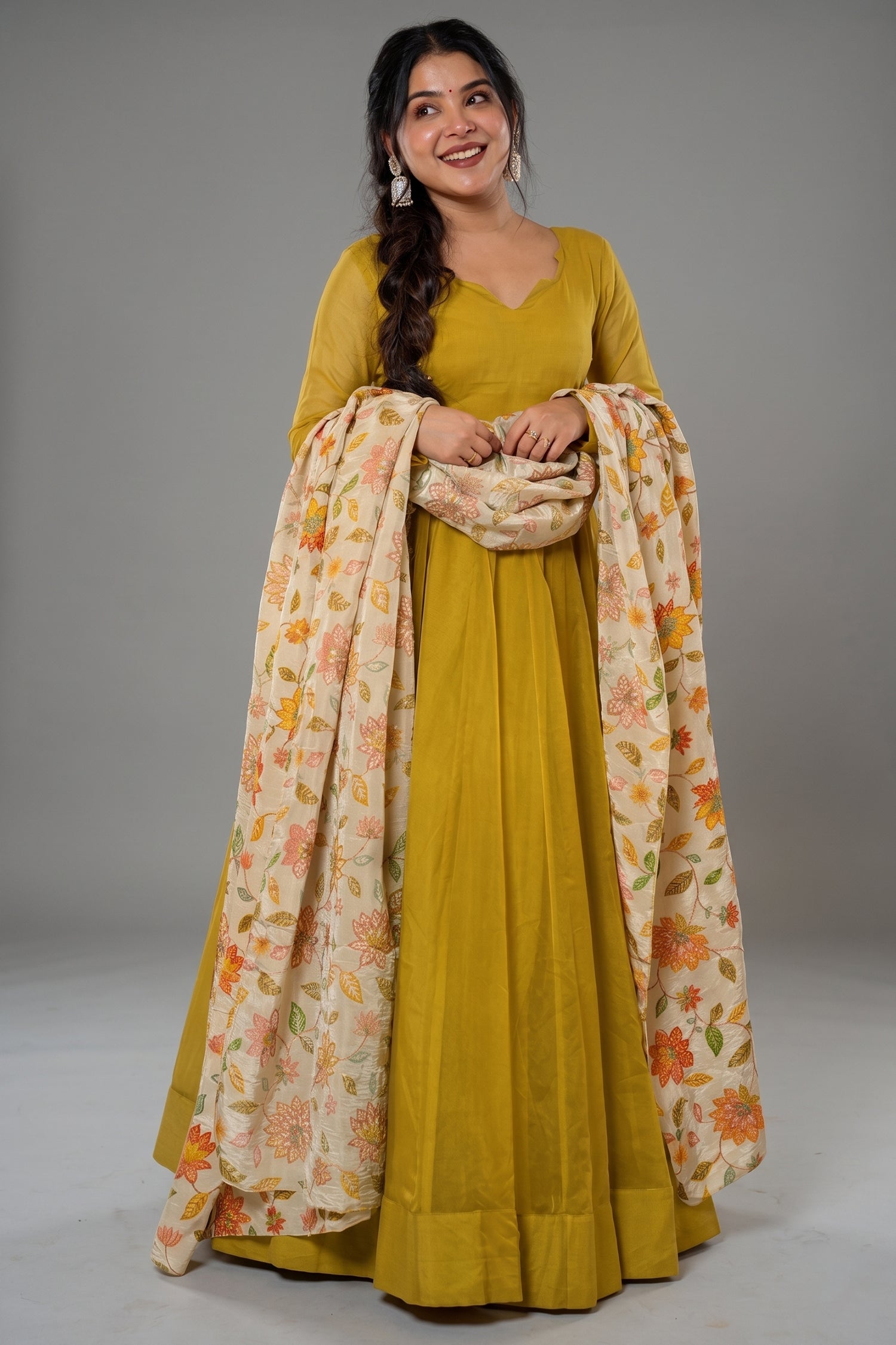 Chartreuse Yellow Crepe Silk Anarkali Gown with Floral Printed Dupatta