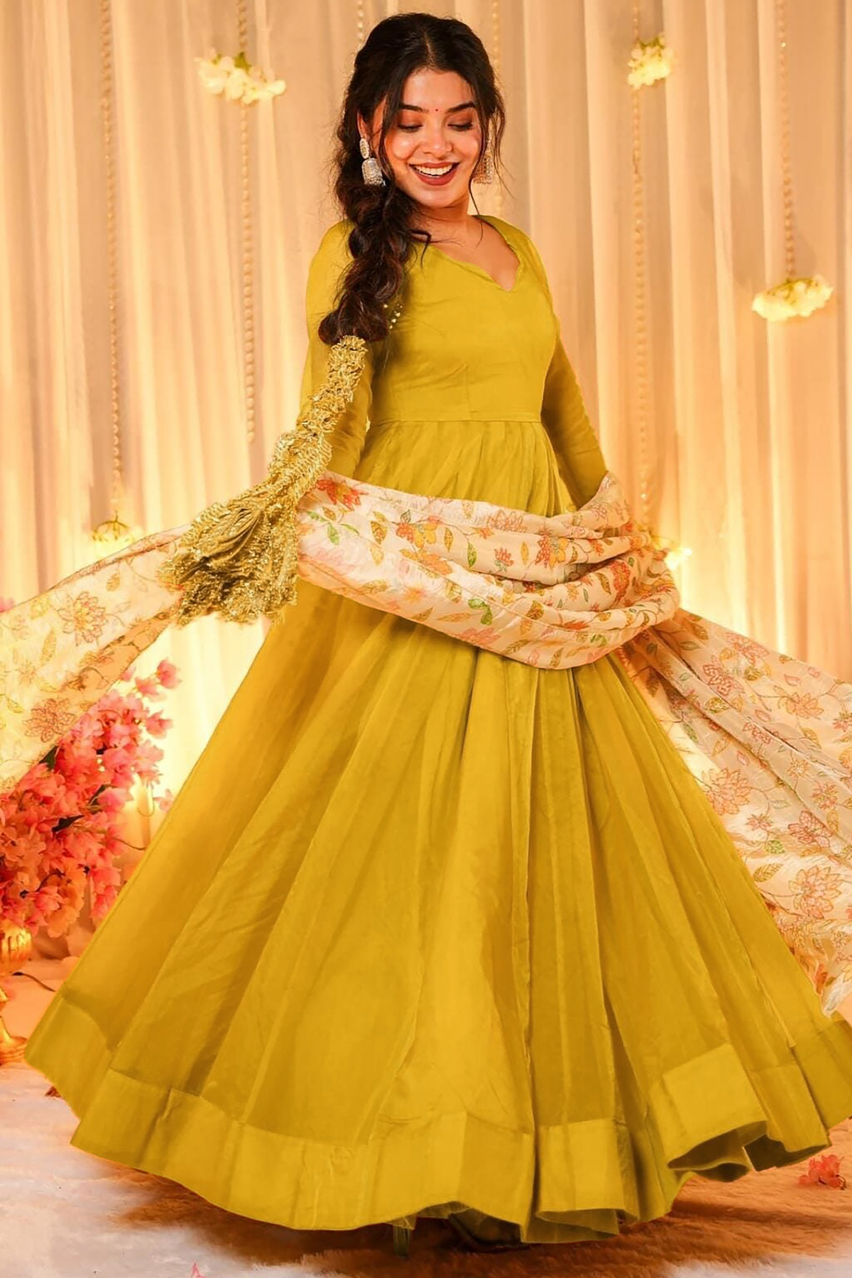 Chartreuse Yellow Crepe Silk Anarkali Gown with Floral Printed Dupatta